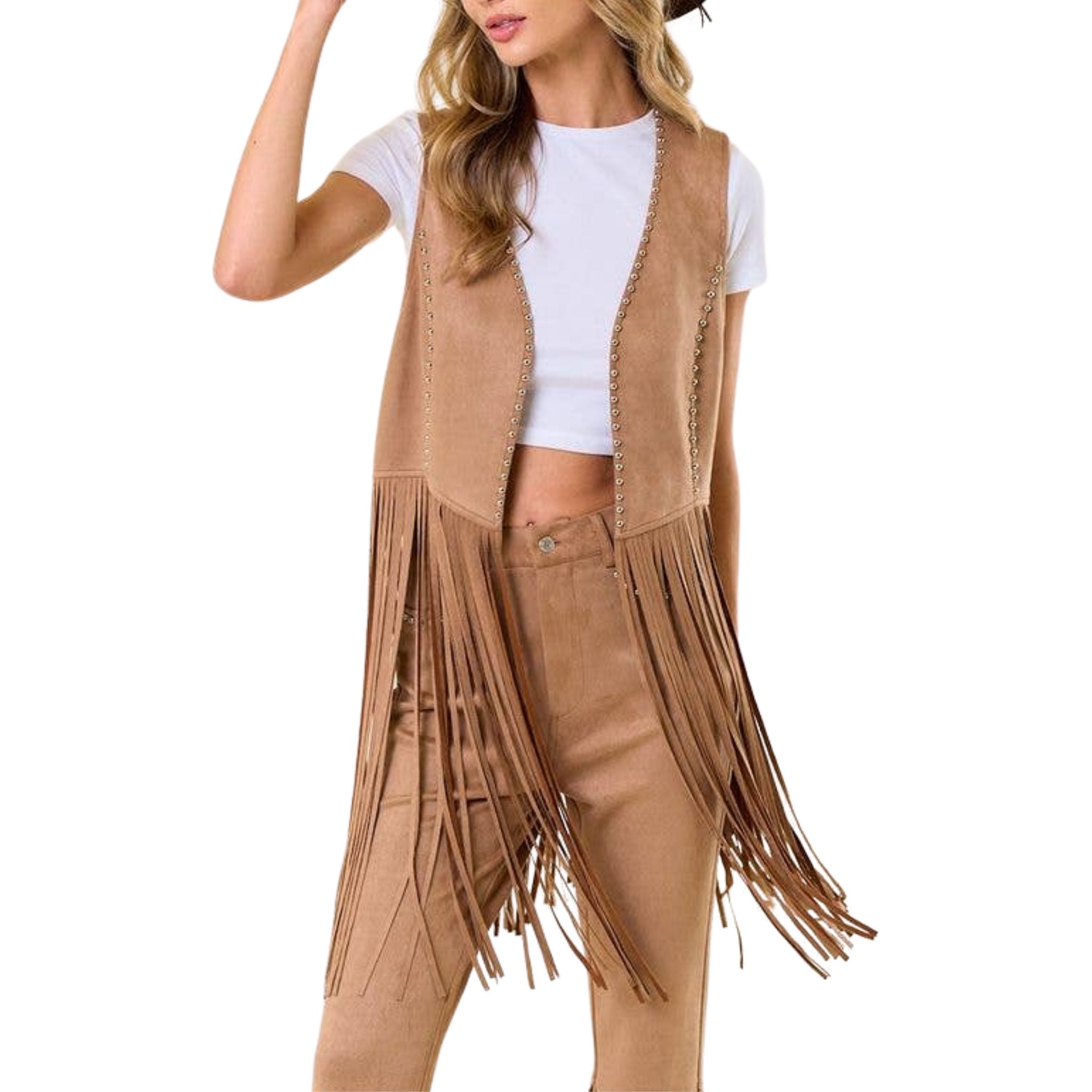 Stylish Tan Studded Long Fringe Faux Leather Vest for Women - Perfect for Biker Chic Outfits, Rock Concerts & Edgy Streetwear Looks