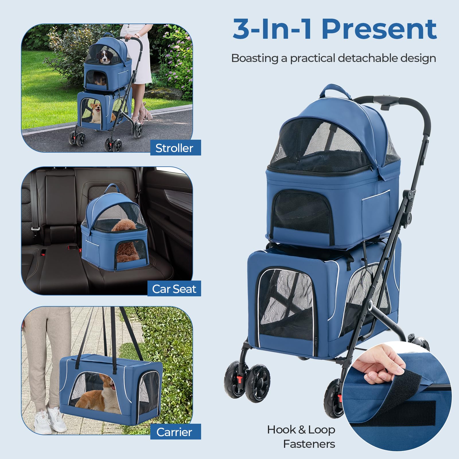 Giantex Double Dog Stroller for 2 Small Medium Dogs - Foldable Pet Stroller with Detachable Carriers, Safety Belt & 4 Lockable Wheels | Cat & Dog Travel Carrier | Perfect for Park Walks, Vet Visits & Shopping Trips (Blue)