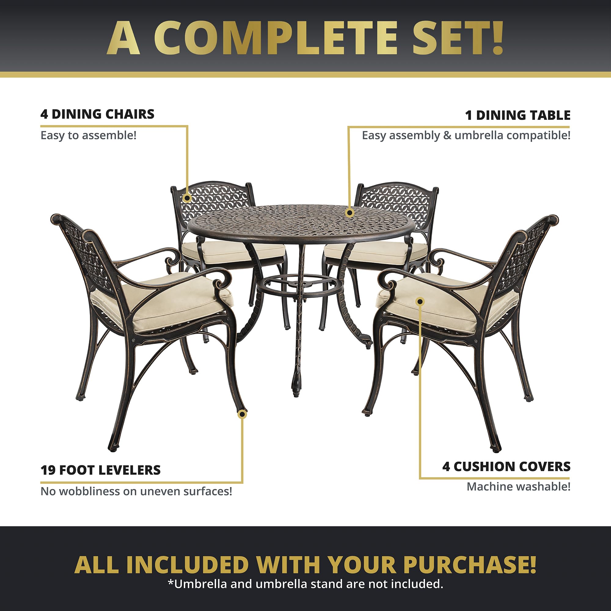 Kinger Home 5-Piece All-Weather Cast Aluminum Outdoor Dining Set - Round Patio Table & 4 Chairs with Cushions & Umbrella Hole - Perfect for Backyard, Garden, Poolside & Restaurant Outdoor Seating