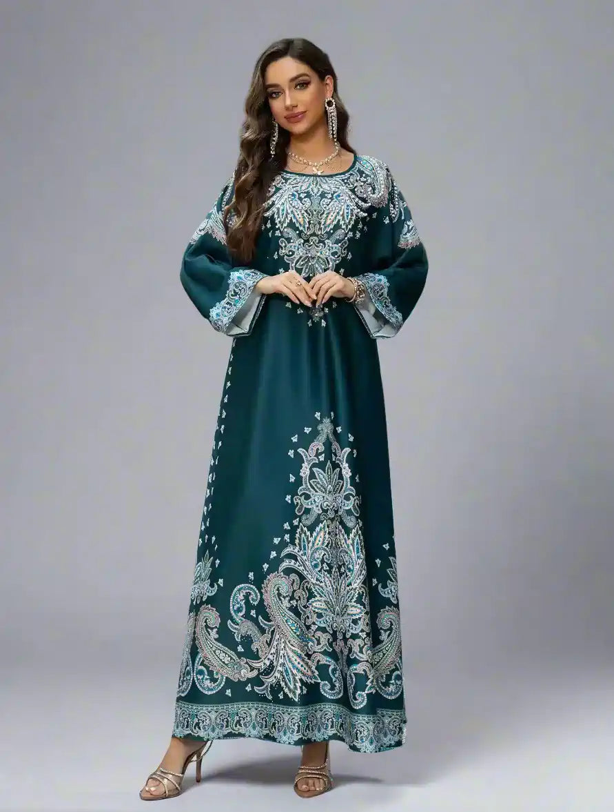 Elegant Hotfix Rhinestone Printed Caftan Kaftan Dress for Women - Eid Party Wear, Summer Beach Cover Up, Boho Maxi Dress #25425