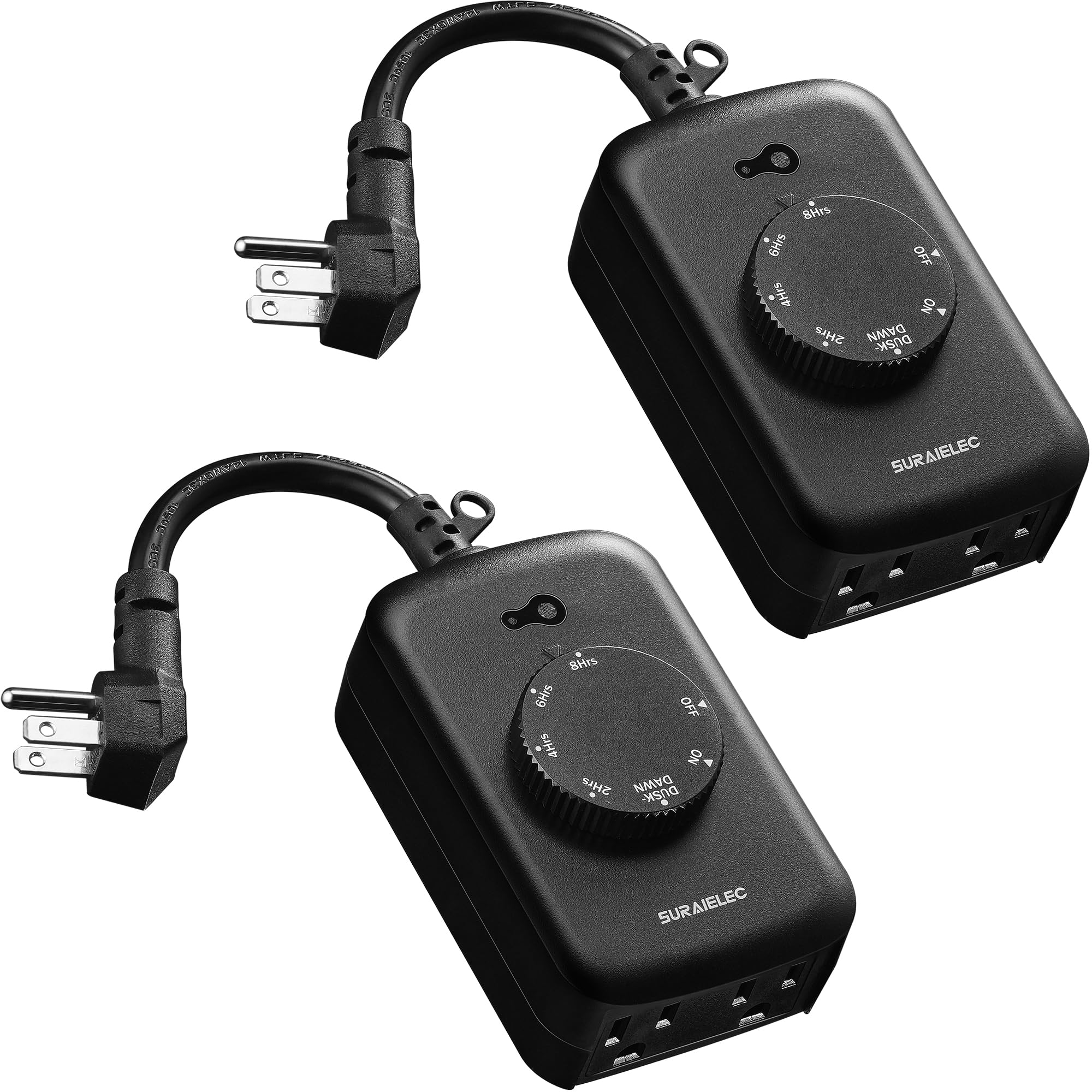 SURAIELEC Outdoor Light Timer with 2 Electrical Outlets - 8/6/4/2 Hour Countdown, Weatherproof & Photocell Sensor, 15A, ETL Certified (2 Pack) - Perfect for Garden, Patio, Holiday & Landscape Lighting