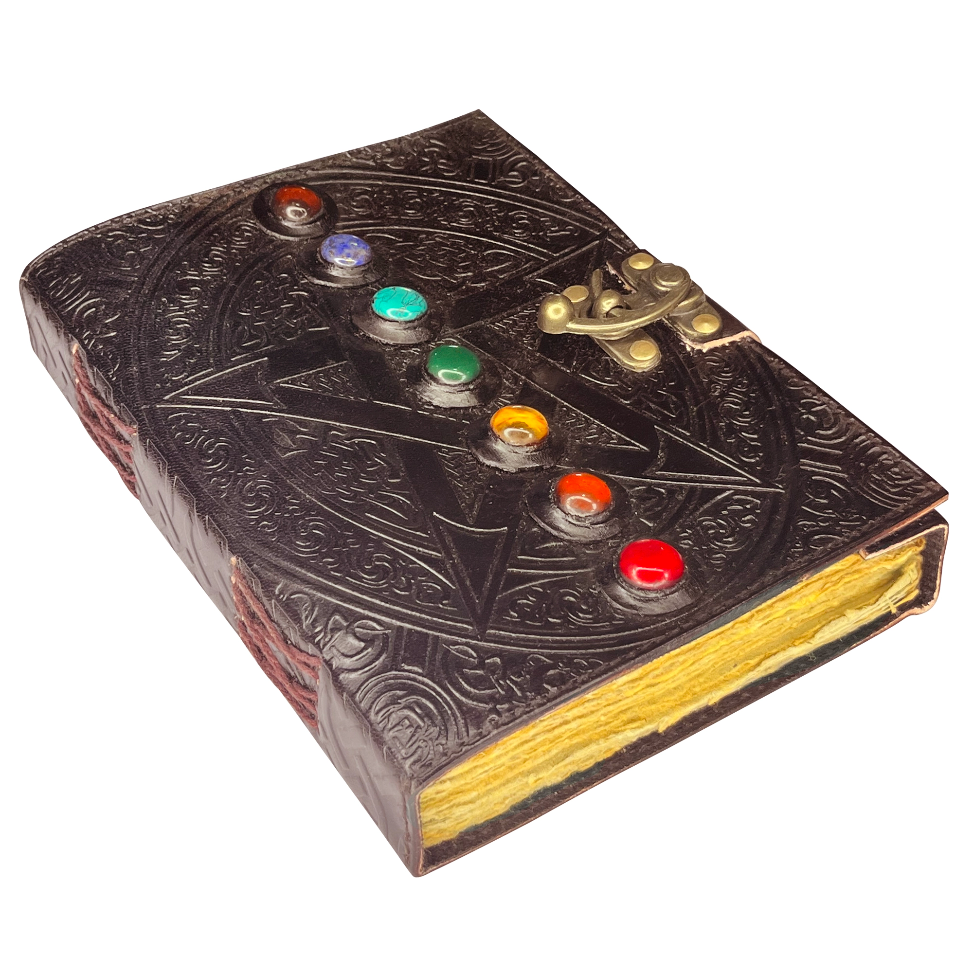 Vintage Leather Bound Journal with Lock - Handmade Antique 7 Stone Book of Shadows, Deckle Edge Paper - Perfect for Wiccan Rituals, Witchcraft, Gift Giving & Journaling