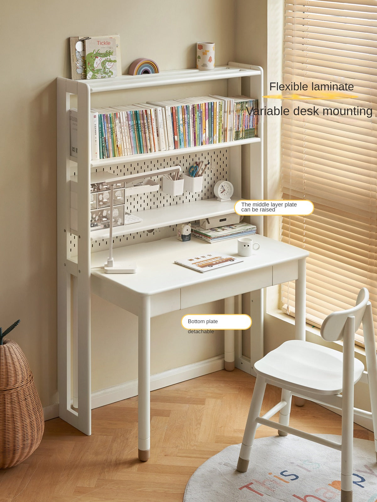 Birch Solid Wood Bookshelf - Modern Cream Floor Standing Bookcase with Adjustable Study Desk for Kids | Perfect for Children's Bedroom, Nursery, and Home Office Organization