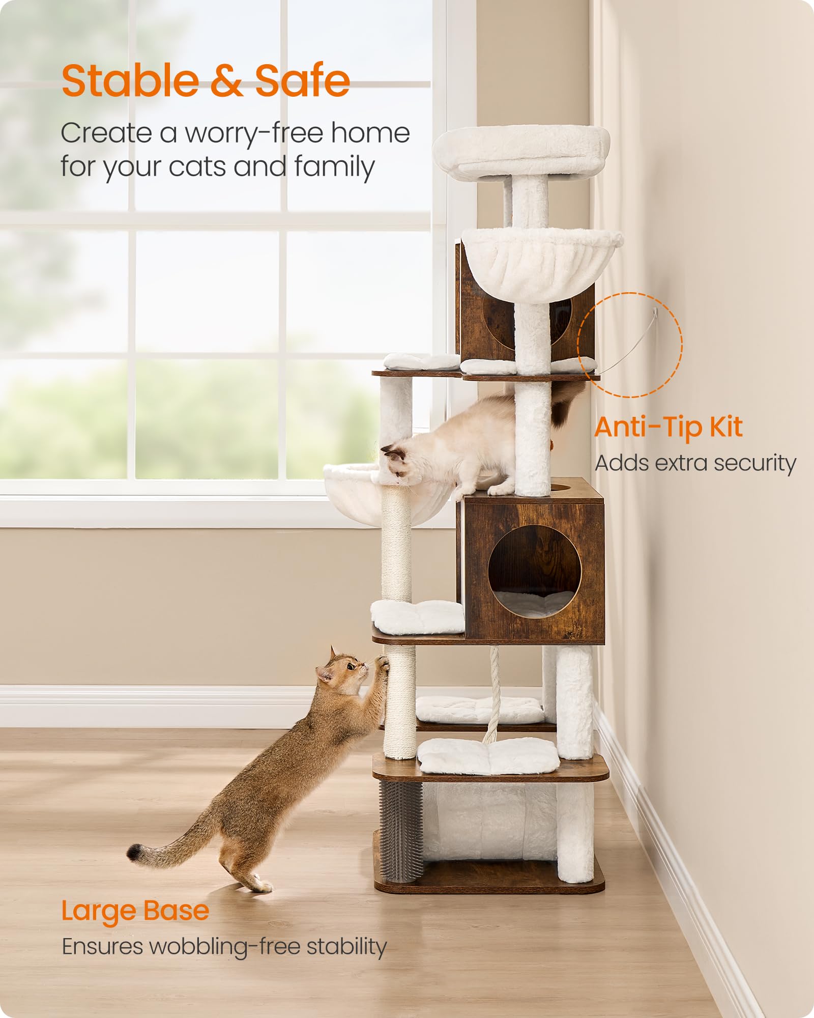 Feandrea 64.5-Inch Cat Tree for Large Cats - Multi-Level Cat Tower with 2 Caves, 2 Hammocks, 4 Scratching Posts, Self-Groomer & Perch - Modern Cat Condo Furniture for Indoor Cats (Rustic Brown) - Perfect for Living Rooms, Bedrooms & Home Offices