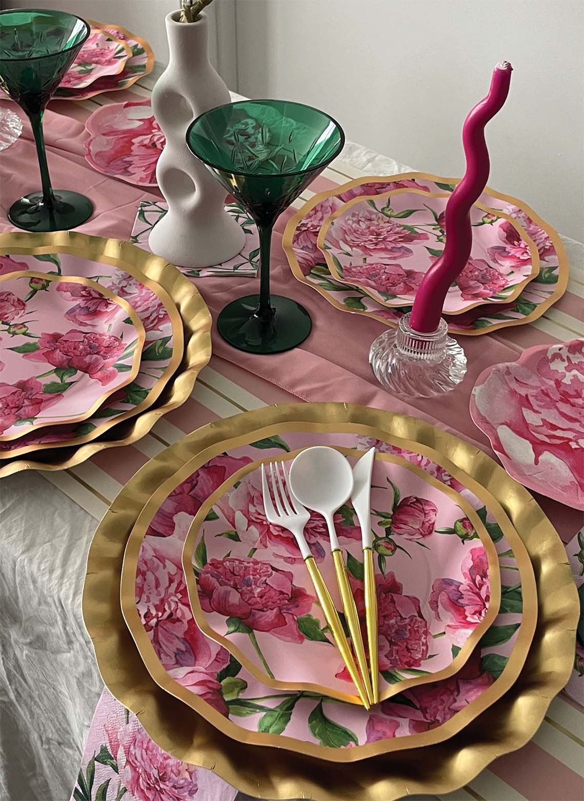 Pink Peonies Wavy Dinner Plates - Set of 8, Elegant Floral Tableware for Fine Dining, Wedding Decor & Home Entertaining
