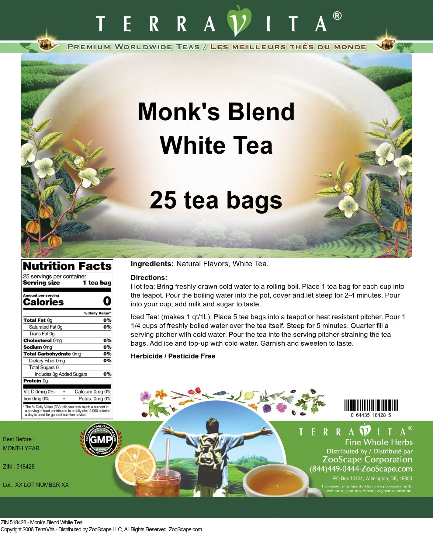 Premium Monk's Blend White Tea - 25 Individually Wrapped Tea Bags (ZIN: 518428) - Perfect for Relaxation, Meditation & Afternoon Tea Time