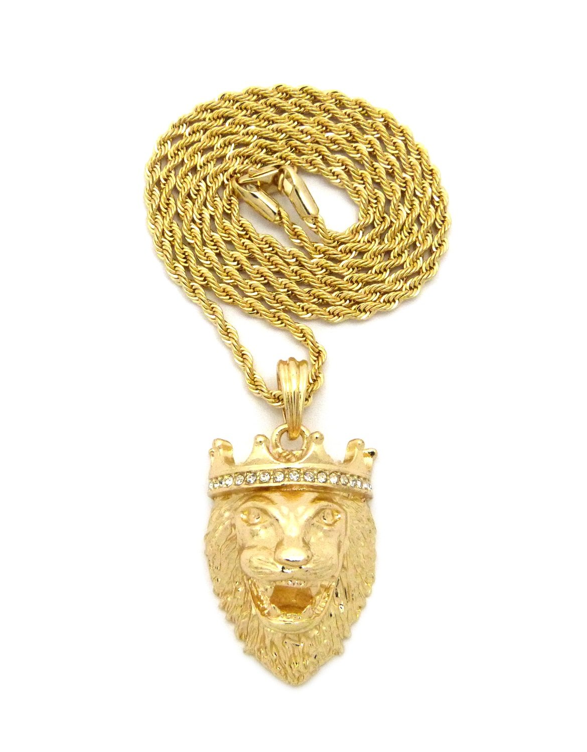 Iced Out Micro King Crown Roaring Lion Pendant Necklace - 2mm 24