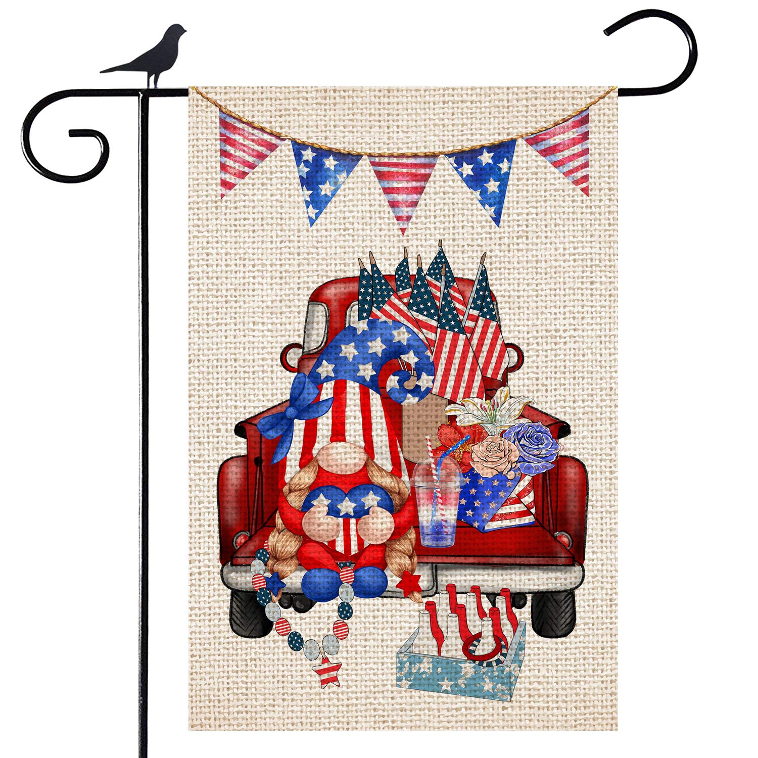 Premium Double-Sided American Gnome Red Truck Welcome Burlap Garden Flag - 12