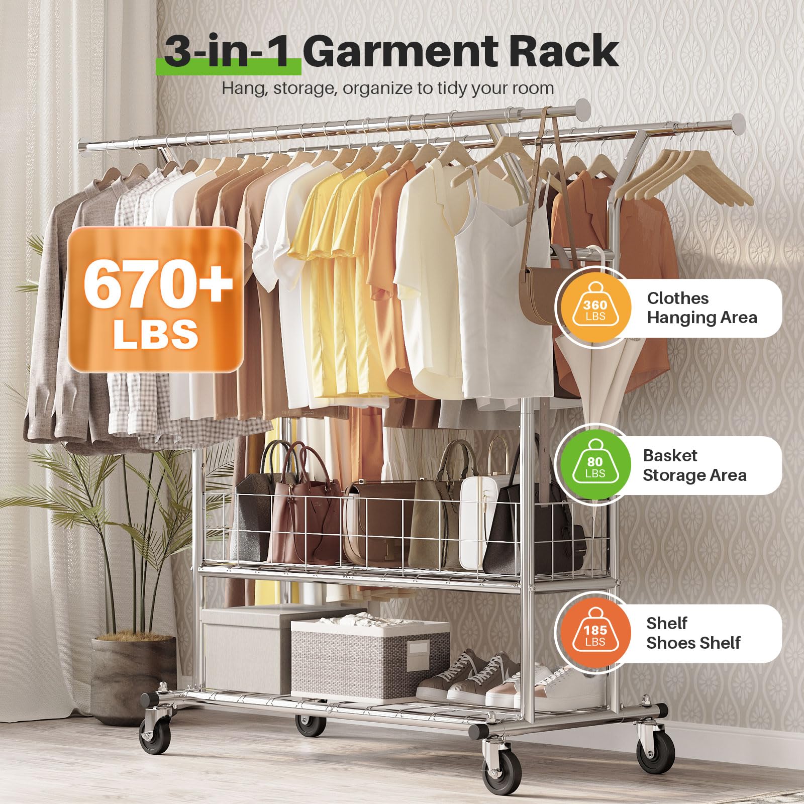 HOKEEPER Heavy Duty Adjustable Rolling Garment Rack with Wheels - Double Rod Metal Basket Clothes Hanger for Bedroom, Living Room, Closet & Laundry Room - Perfect for Organizing Clothes, Dresses, Coats & Accessories
