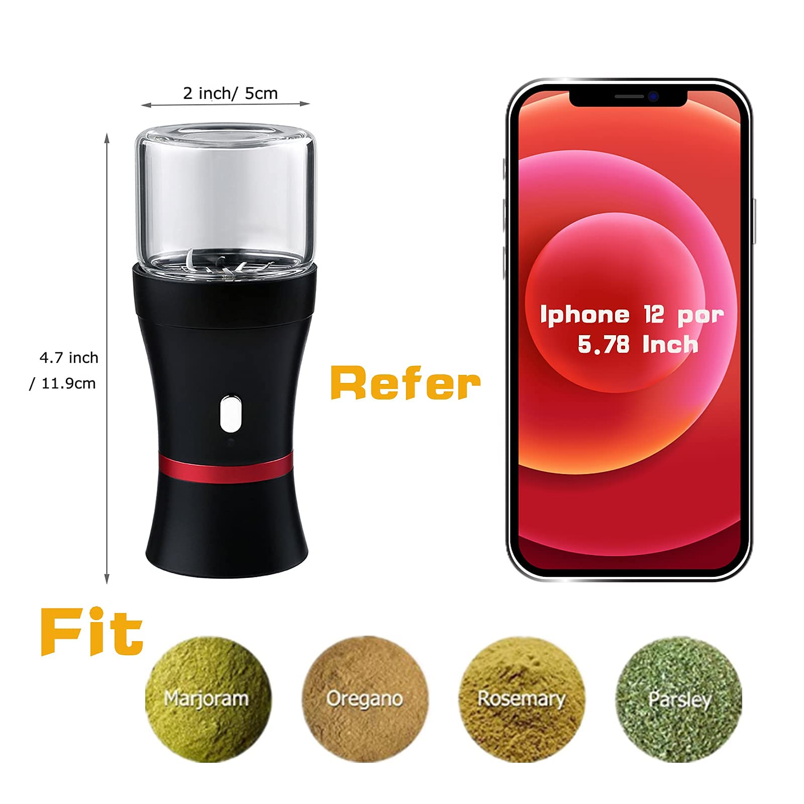 Premium Electric Herb Grinder - 1100mAh Rechargeable Dry Herb & Spice Grinder with 2 x 50ml Storage Jars & Mini Scoop - Perfect for Cooking, Baking & Herbal Preparation
