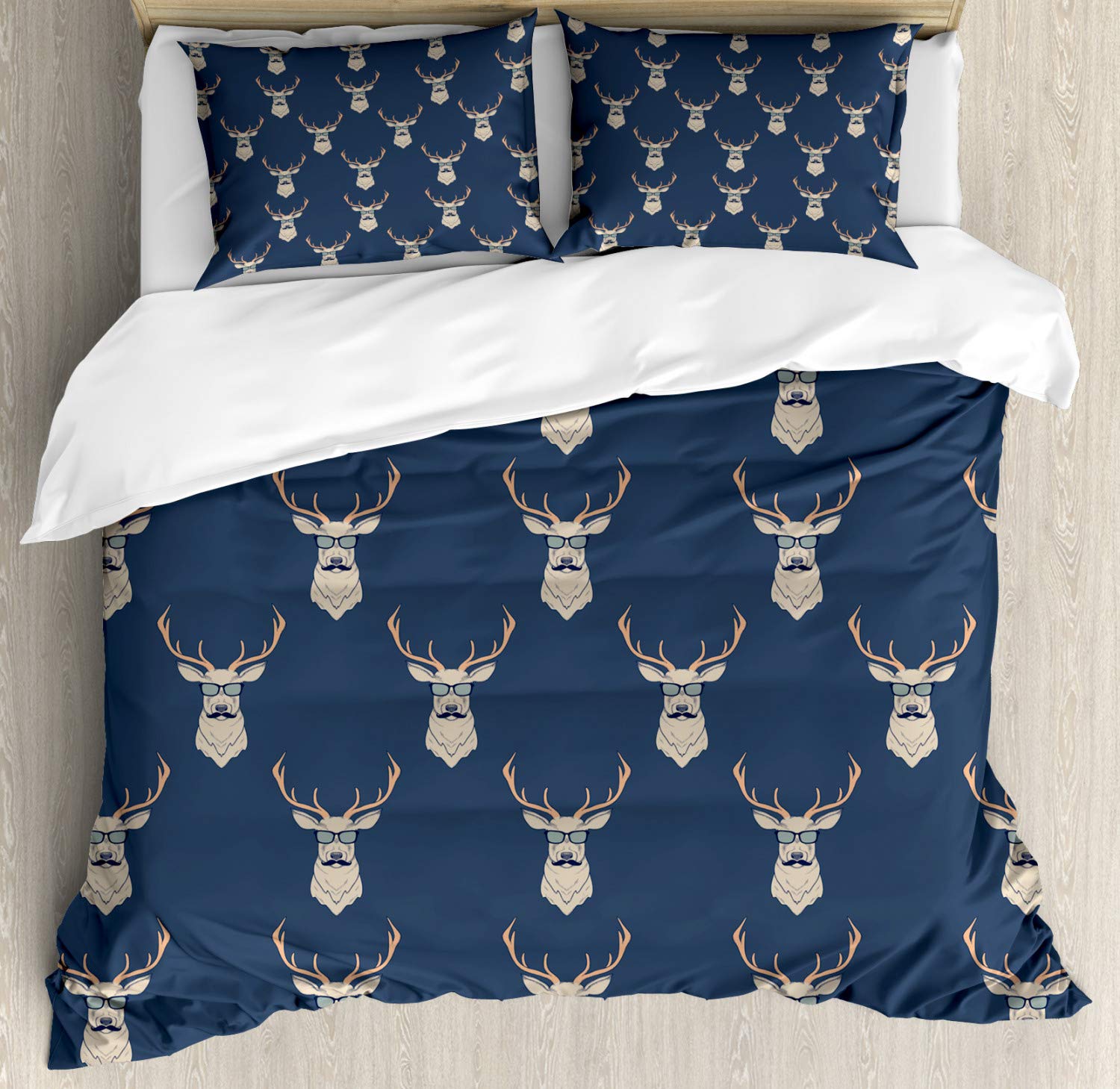 Ambesonne Deer Duvet Cover Set - Vintage Woodland Animal Pattern with Antlers, Glasses & Mustaches - Funny Hipster 3-Piece Bedding Set (2 Pillow Shams) - California King Size in Slate Blue & Tan - Perfect for Boho Bedroom Decor, Cabin Retreats & Unique Gift Ideas