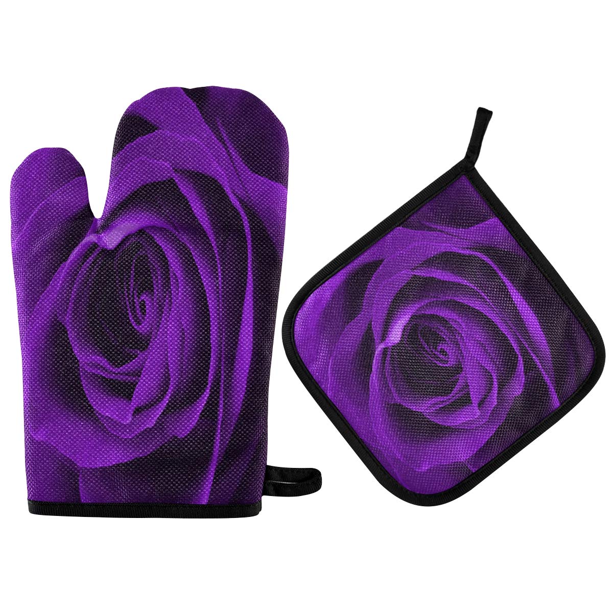 Heat Resistant Purple Rose Oven Mitts & Pot Holders - Non-Slip Microwave Gloves for Baking, Cooking, Grilling & BBQ - Perfect for Kitchen, Camping & Outdoor Cooking
