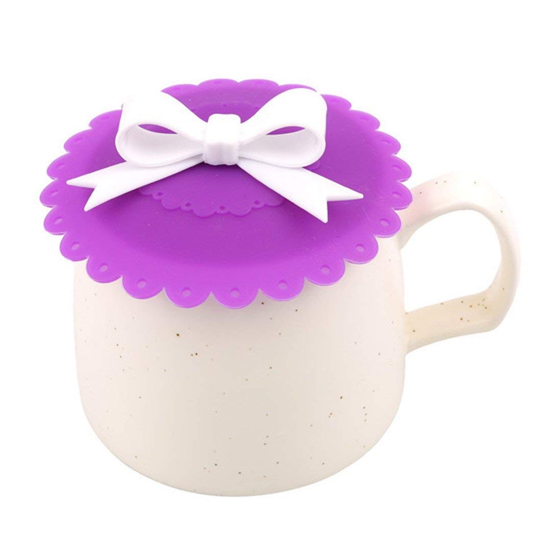 Silicone Cup Covers with Bow Knot - Dustproof Coffee Mug Lids, Suction Seal Lid Cap for Glasses (Purple) - Perfect for Home, Office & Travel Use