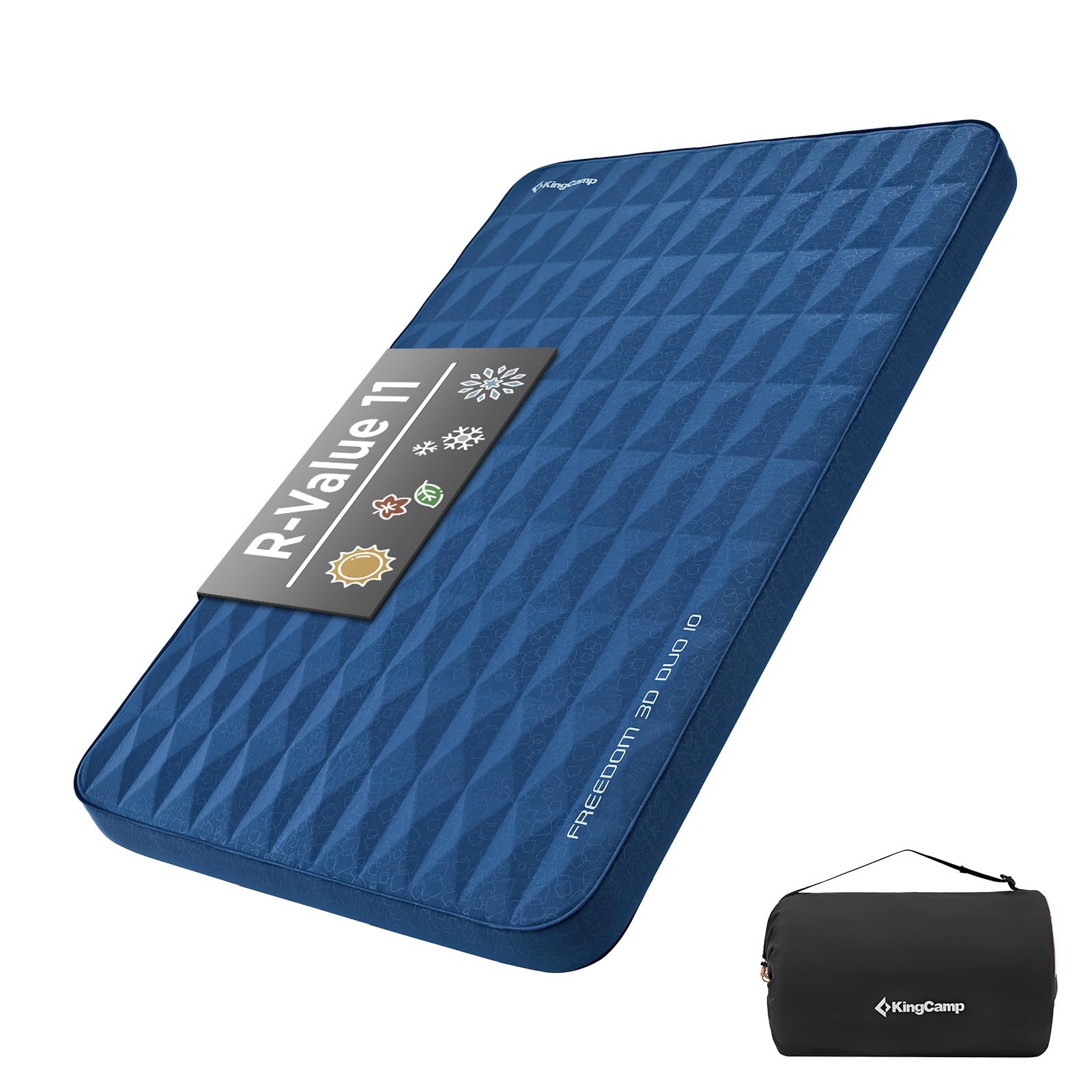 KingCamp Premium Self-Inflating Camping Sleeping Pad - 4-Inch Thick Double Size with 11 R-Value | 3D Camping Mattress for Ultra Comfort & Warmth | Perfect for Car Camping, Tent Use, Backpacking & Outdoor Adventures (Double, Navy)