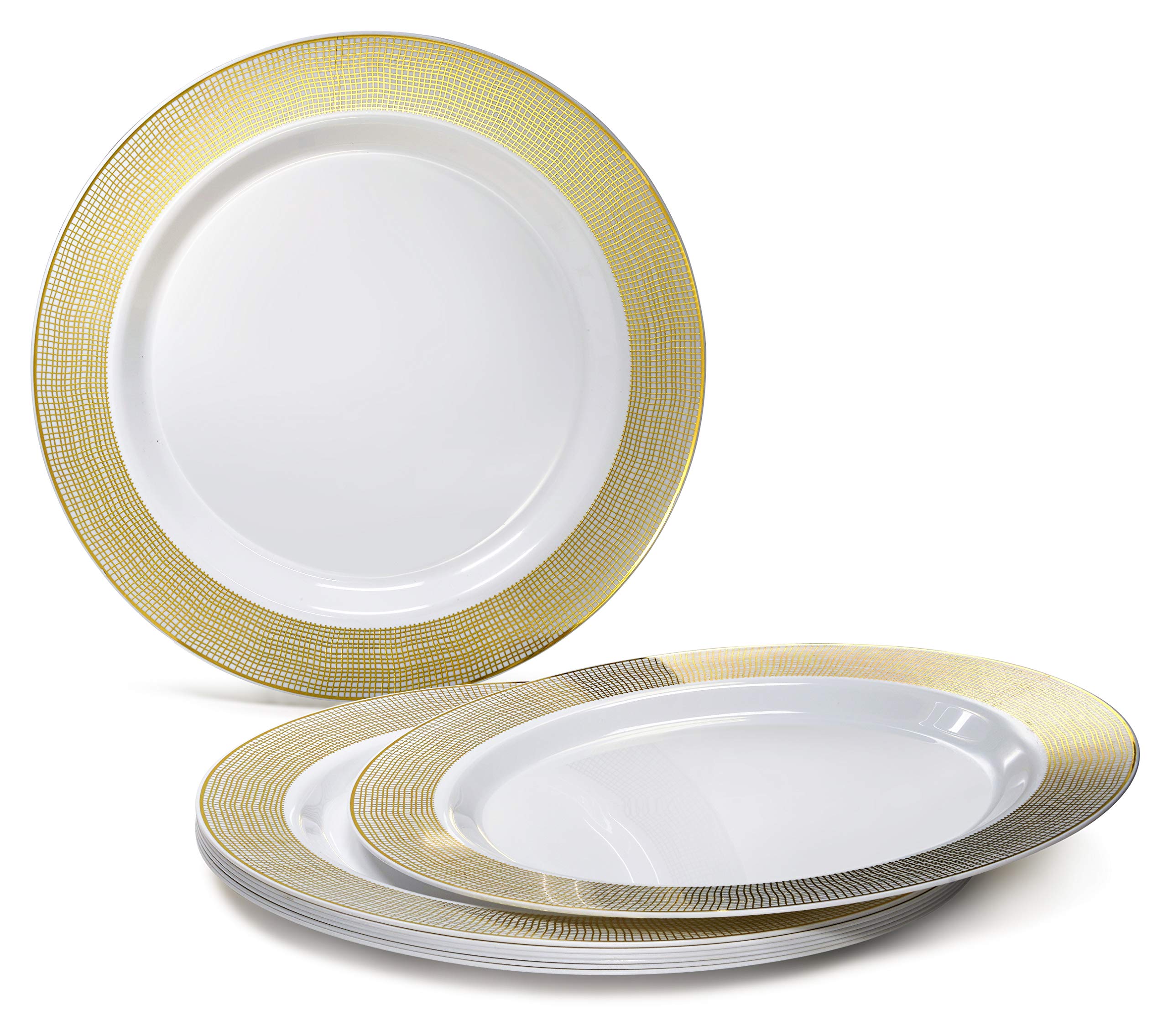 560-Piece Heavyweight Disposable Plastic Plate Set for Weddings & Parties - 80 x 10.5'' Dinner Plates + 80 x 6.25'' Dessert Plates + Gold Silverware + Cups + Napkins (Linen White & Gold) - Elegant Tableware for 80 Guests - Perfect for Wedding Receptions, Bridal Showers & Special Events
