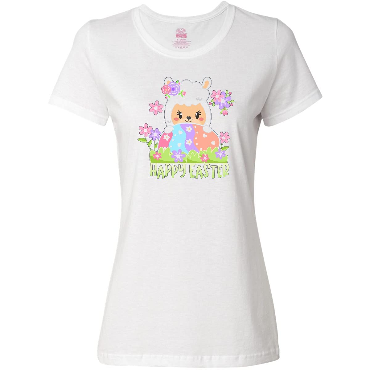 Happy Easter Llama with Spring Flowers & Egg Women's T-Shirt - Cute Easter Llama Graphic Tee for Women - Perfect for Easter Celebrations, Spring Outfits & Casual Wear