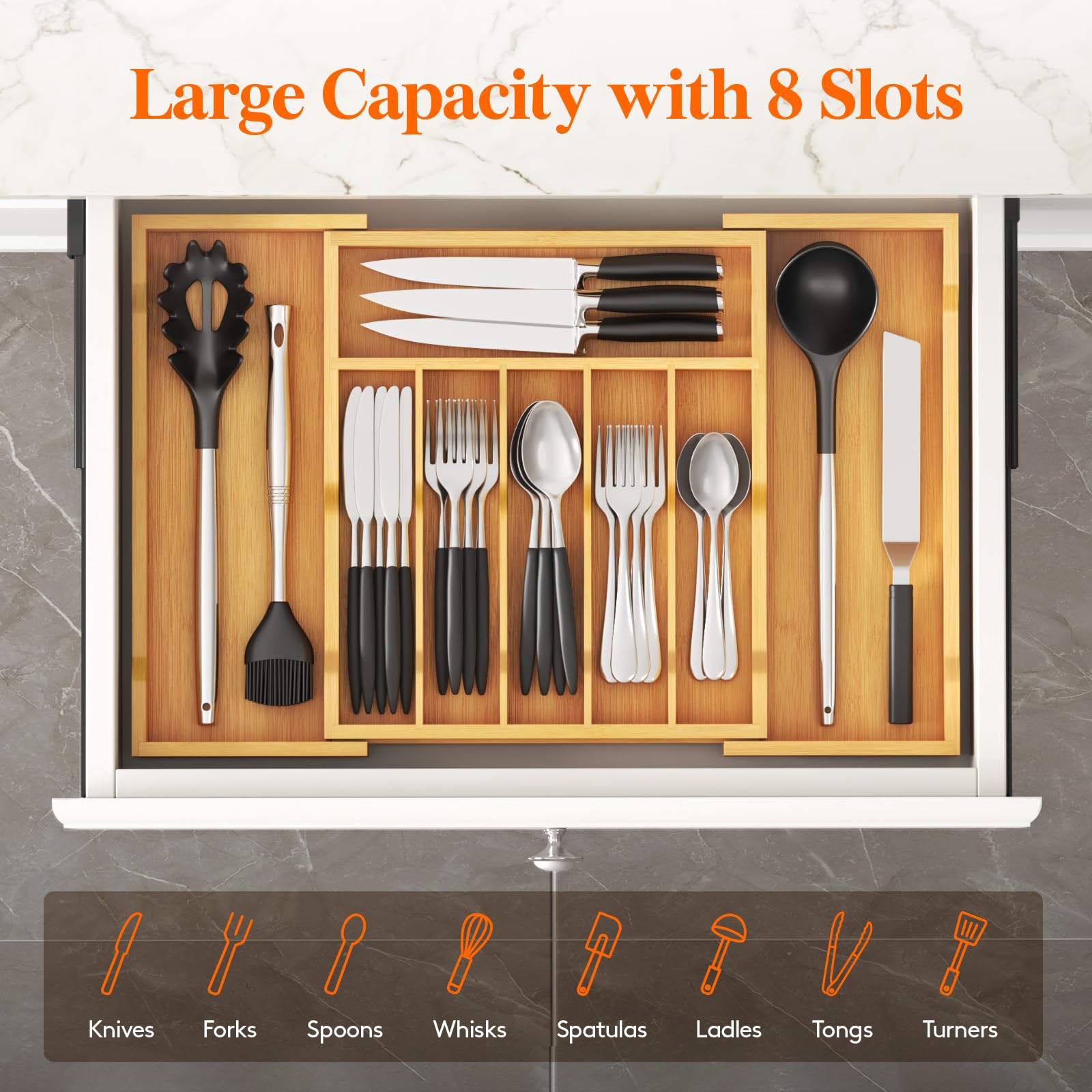 Expandable Bamboo Silverware Drawer Organizer - Adjustable Utensil Tray for Spoons, Forks & Knives - Natural Wood Kitchen Storage for Flatware & Cutlery | Perfect for Kitchen Organization, Dining Room Storage & Utensil Management