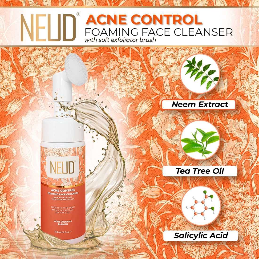 NEUD Acne Control Foaming Face Cleanser with Salicylic Acid, Neem & Tea Tree Oil - 2 Pack (150ml Each) | Gentle Daily Facial Wash for Oily & Acne-Prone Skin | Perfect for Morning & Night Skincare Routine