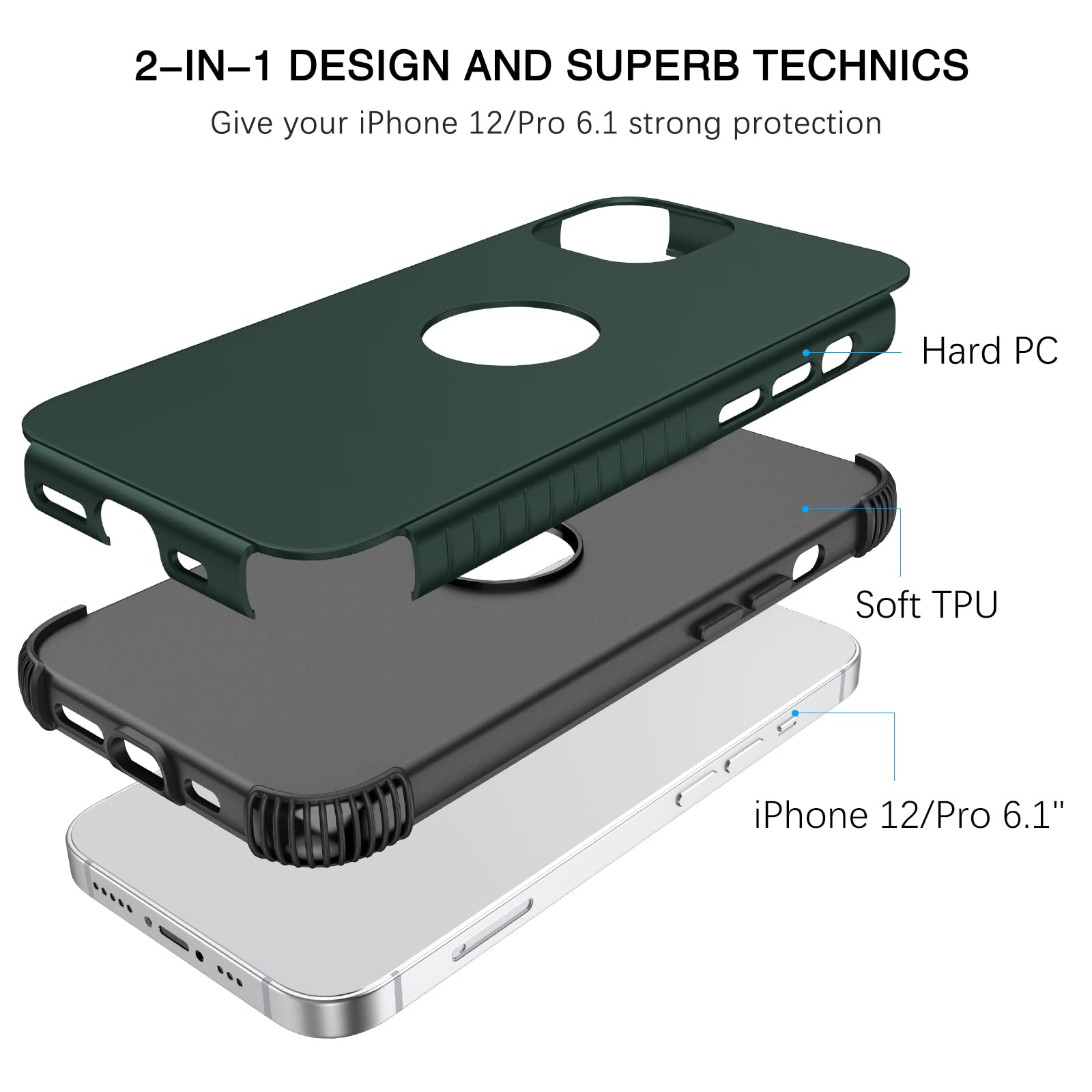 BENTOBEN Heavy Duty 2-in-1 Rugged Shockproof Case for iPhone 12/12 Pro - Hybrid Hard PC Bumper with Full Body Protection (Dark Green) | Perfect for Outdoor Activities, Sports & Everyday Drop Protection