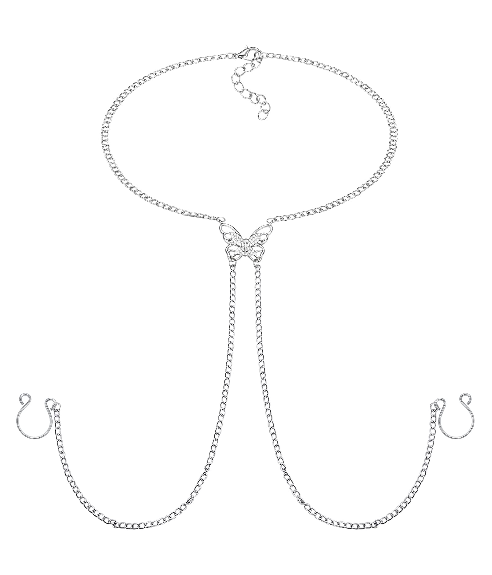 D.Bella Fake Piercing Rings with Chain - Non Piercing Earrings & Butterfly Necklace Set for Women | Perfect for Costume Parties, Halloween & Boho Fashion