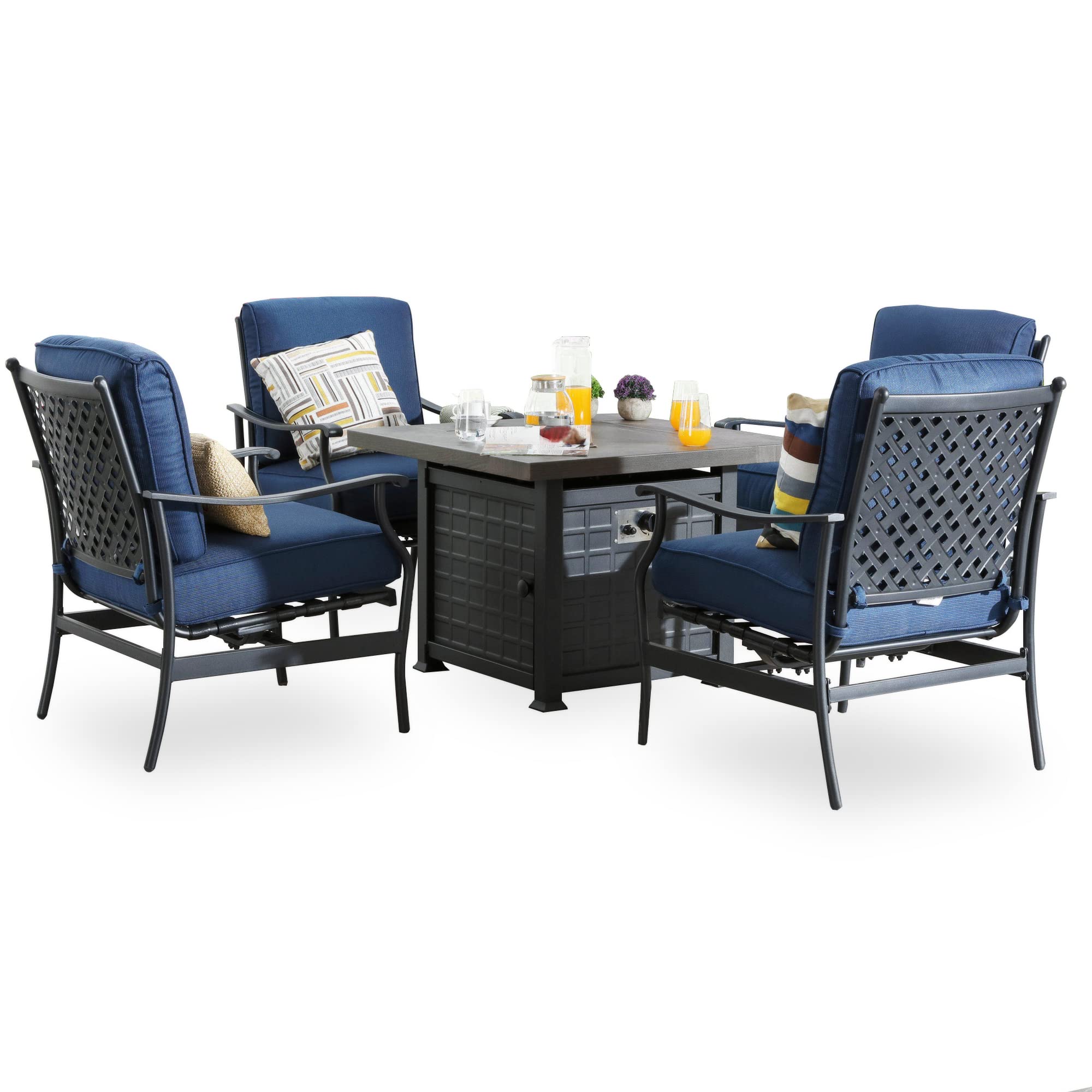 **Outdoor Patio Conversation Set with 50,000 BTU Propane Fire Pit Table & Rocking Chairs - 5-Piece Blue Set (CSA Certified, Thick Cushions) - Perfect for Backyard Gatherings, Relaxation & Entertaining**