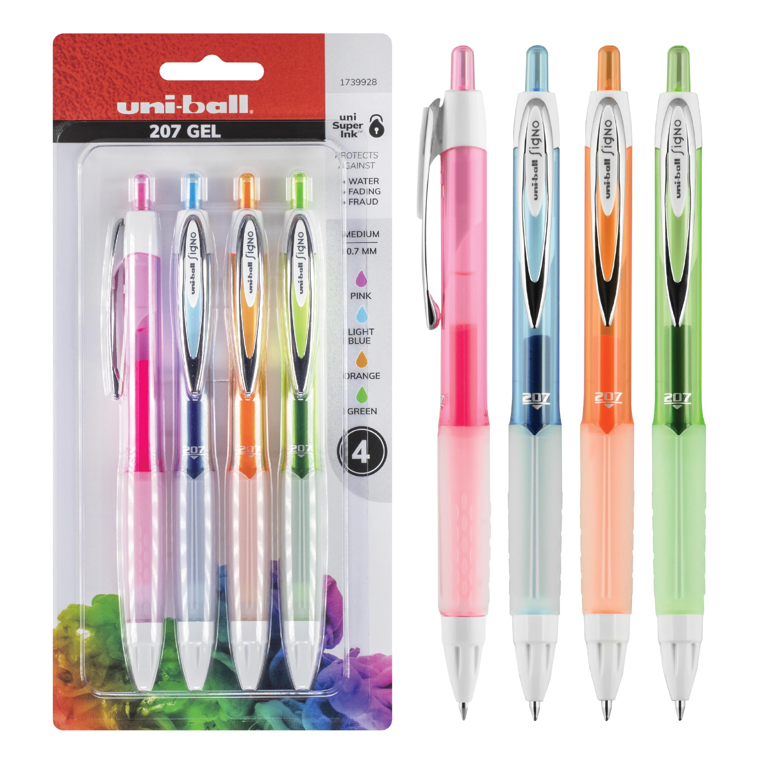 Uni-Ball 207 Retractable Gel Pens, Medium Point 0.7mm - 4 Pack Assorted Colors for Office, School & Creative Writing - Smooth Ink Flow for Note Taking, Journaling & Art Projects