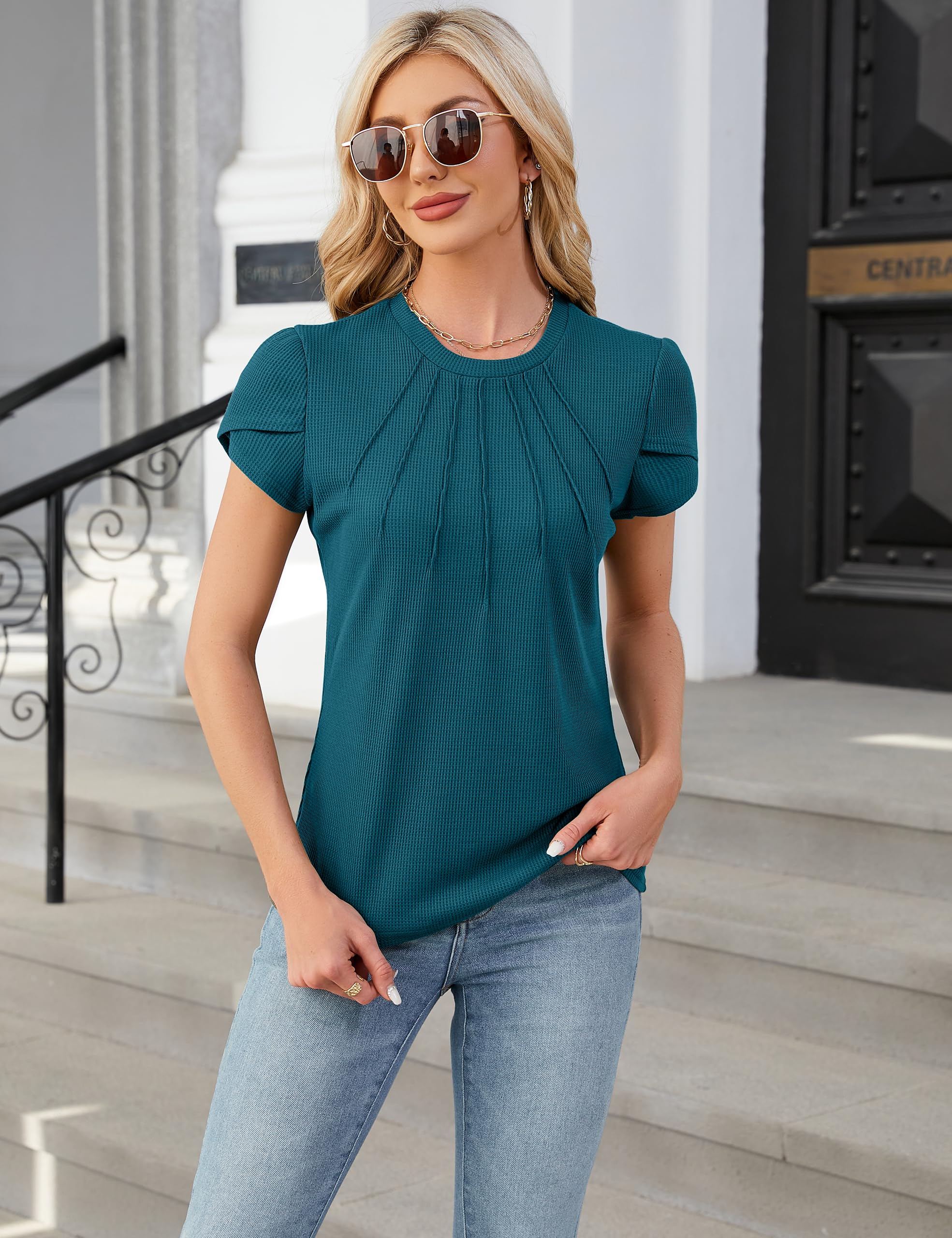Blooming Jelly Women's Short Sleeve Crew Neck Waffle Knit T-Shirt - Casual & Dressy Business Work Tops for Summer | Perfect for Office Wear, Weekend Outings & Smart Casual Occasions