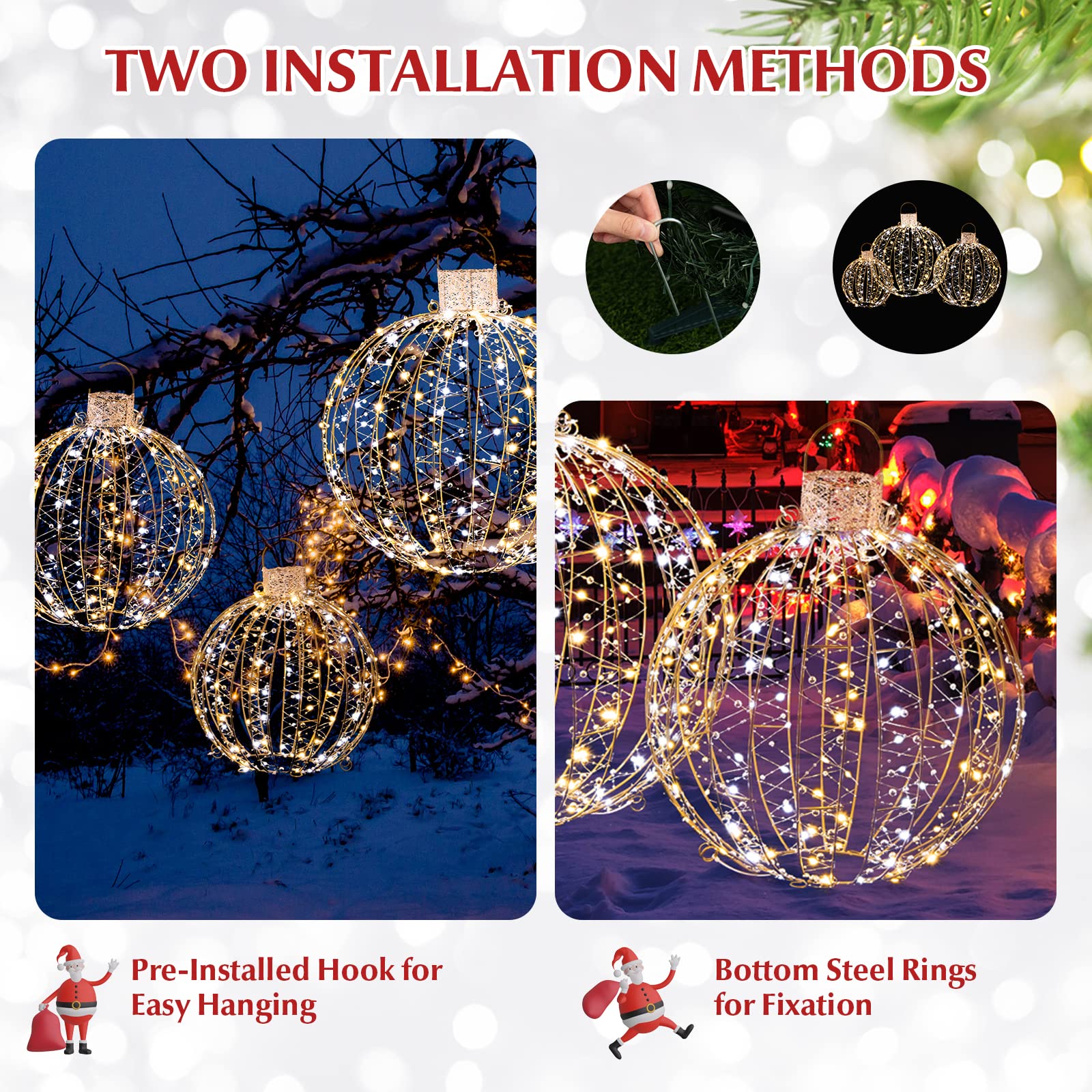 Tangkula Christmas LED Light Balls for Tree (3 Pack) - 360 Warm White & White LED Lights, Indoor/Outdoor Holiday Decorations for Xmas Tree, Yard, Patio, and Party Decor