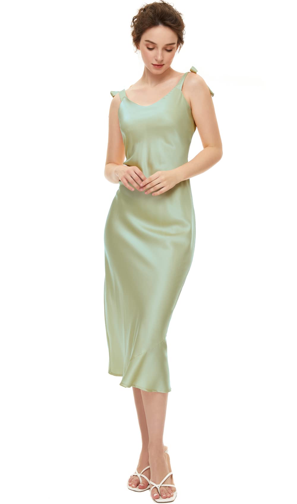 AGO FTYxTRA Women's Satin Slip Dress - Sexy Wrap V-Neck Sleeveless Adjustable Midi Bodycon Dress for Evening Party, Date Night & Formal Occasions