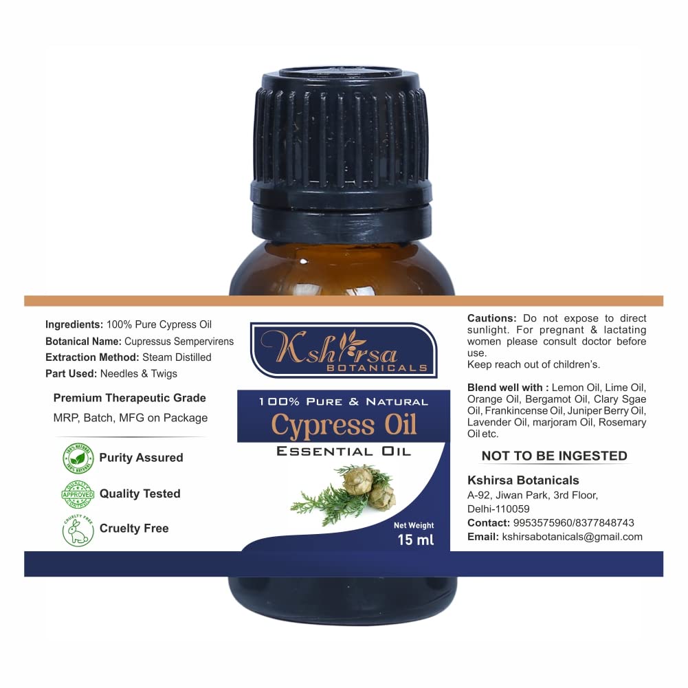 Pure & Natural Cypress Essential Oil (Cupressus Sempervirens) - 15ml with Euro Dropper for Skin Care, Hair Growth & Aromatherapy | Relaxing Massage, DIY Beauty & Home Diffuser Blends