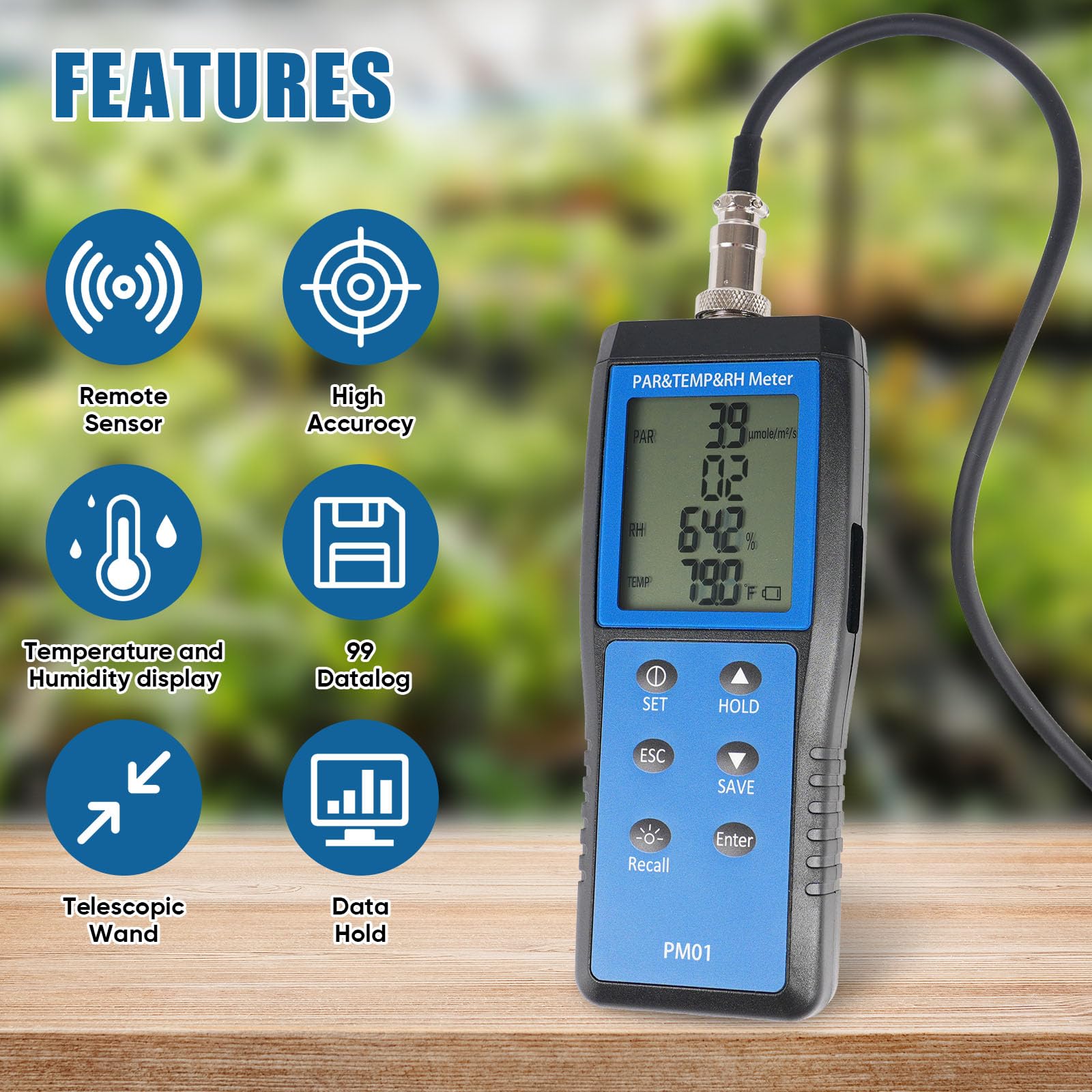 Quantum PAR Meter for LED Grow Lights - 400-700nm Wavelength Range with Temperature & Humidity Display | PPFD Meter with 36