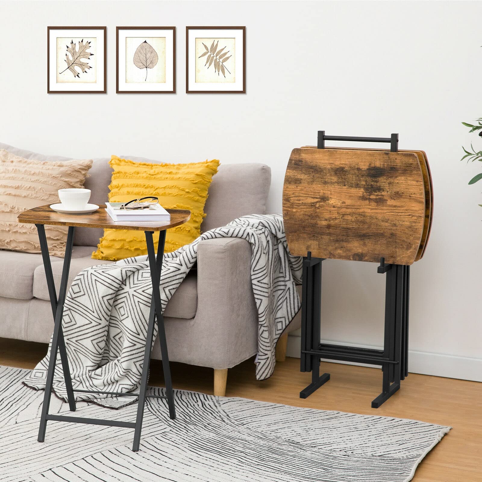 ADHW Set of 4 Folding Side Tables - Portable Snack Tray, TV Dinner Table, Curved Laptop Desk for Living Room, Bedroom & Dorm Use