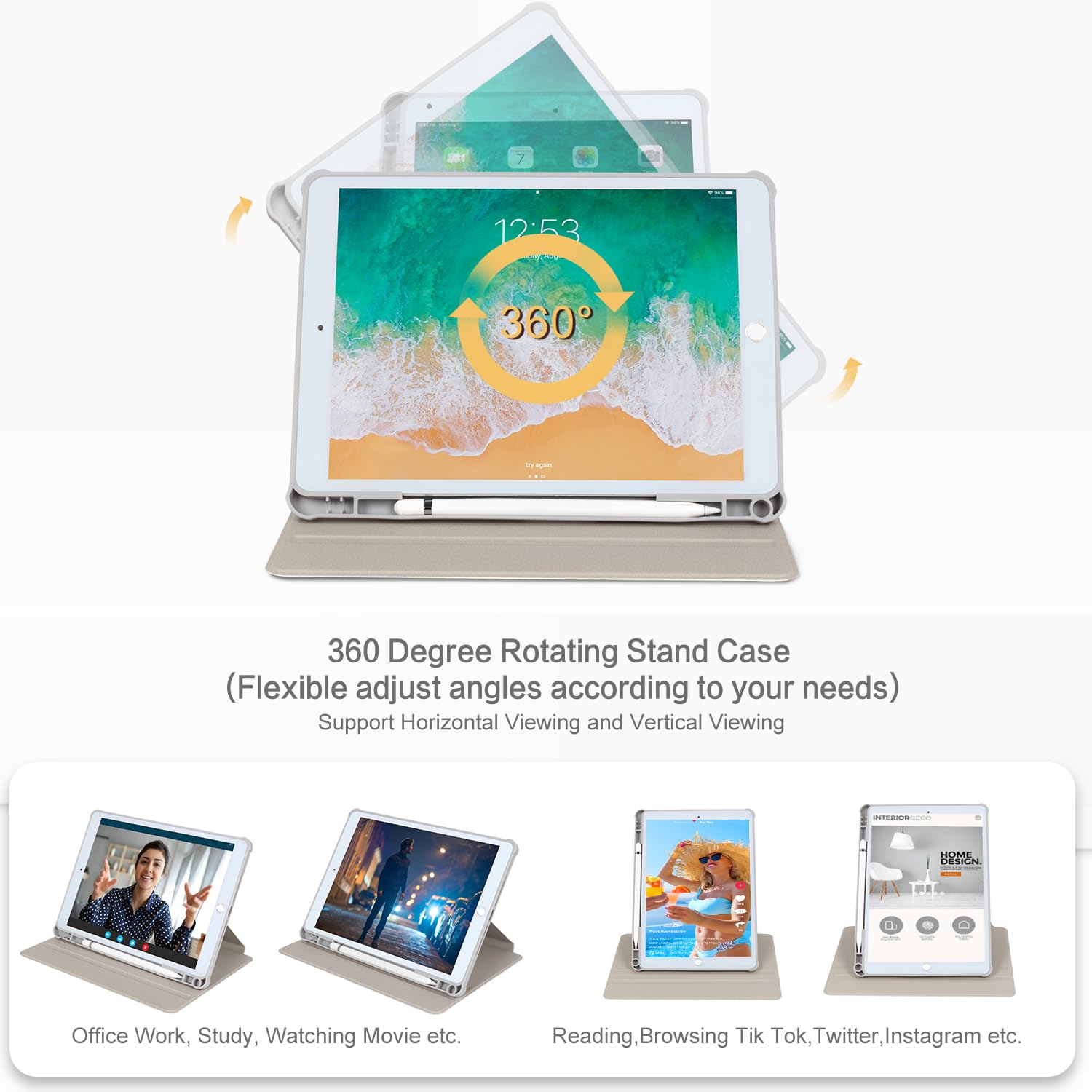 360° Rotating iPad Case with Stand for iPad 9th/8th/7th Gen, iPad Air 3rd Gen & iPad Pro 10.5 - Multi-Angle View, Pencil Holder, Auto Wake/Sleep - Perfect for Work, Study, Drawing & Watching Videos