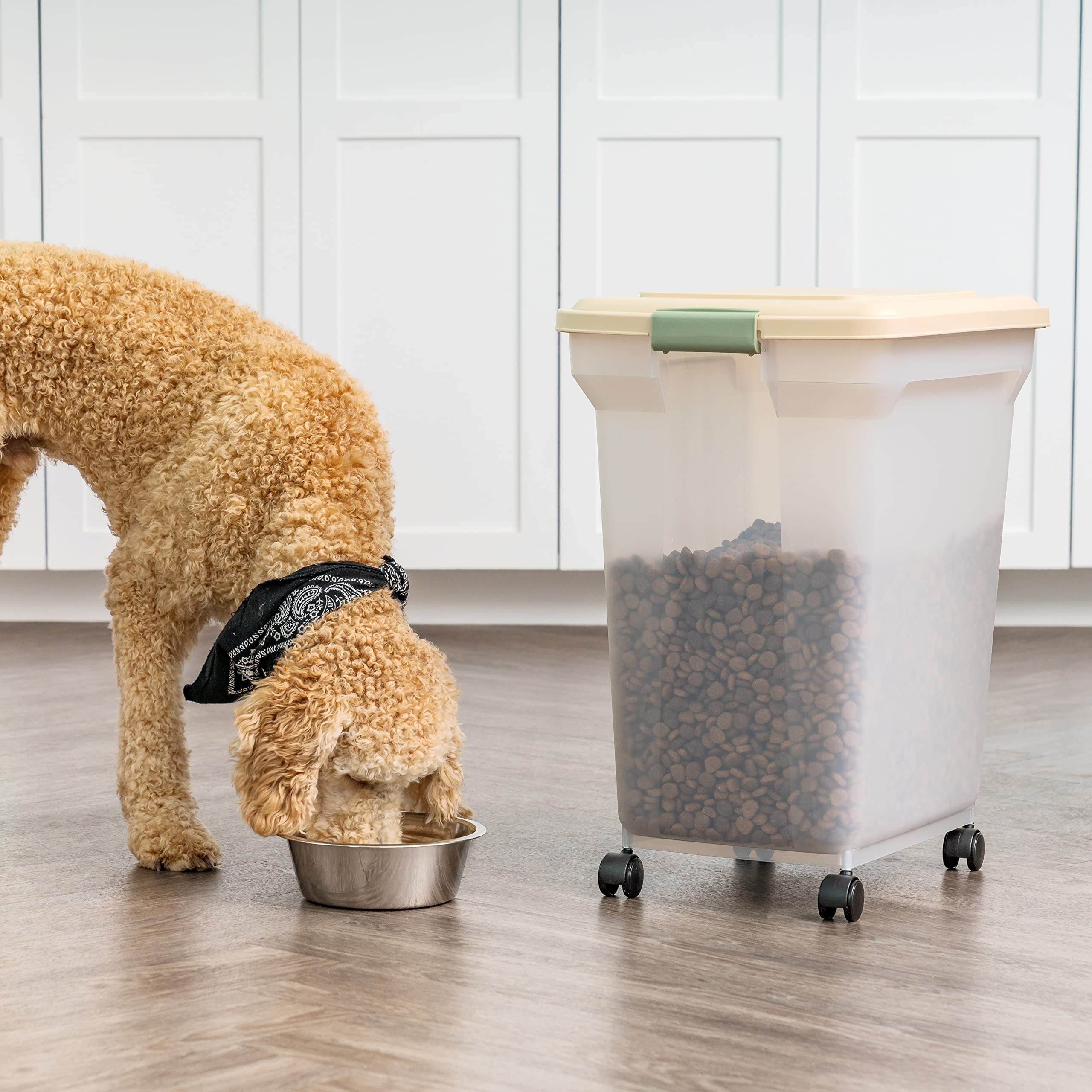 IRIS USA WeatherPro Airtight Pet Food Storage Container - 58 lbs Capacity with Wheels for Easy Mobility | Translucent Design in Clear/Almond | Keep Dog, Cat & Bird Food Fresh | Ideal for Home, Garage or Pet Store Storage