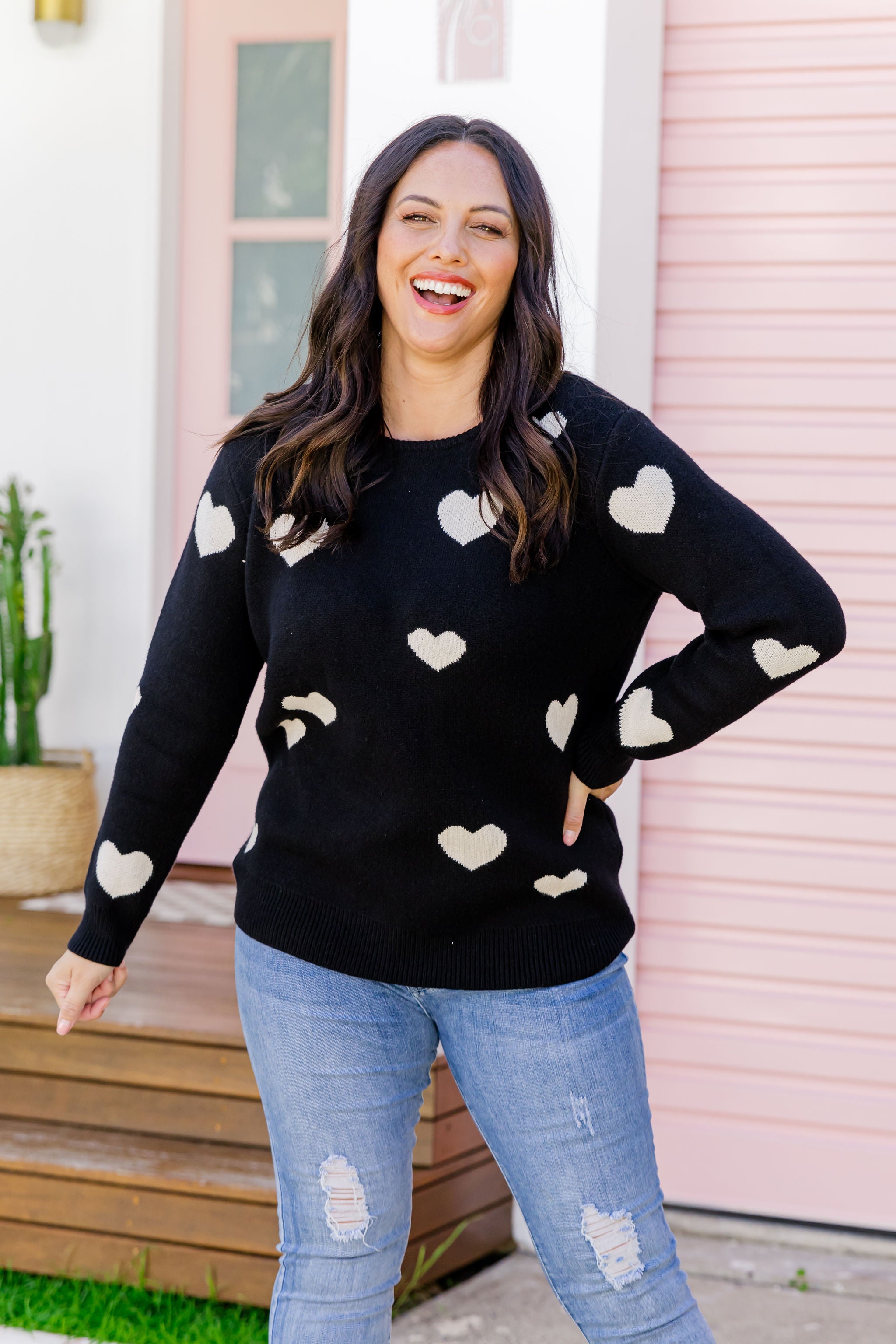 Amor Knit Jumper Women's Black Sweater with Cream Heart Pattern - Cozy Winter Pullover for Casual Outfits & Date Nights