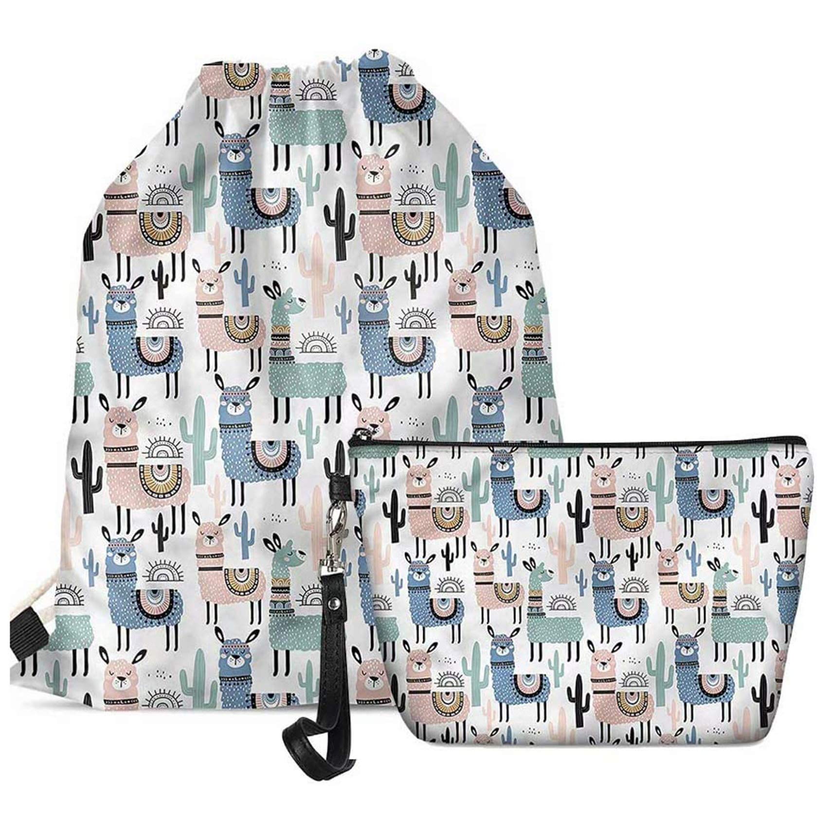 Deeprinter Funny Alpaca & Cactus Print Gym Backpack Set with Makeup Bag - 2 Pack Drawstring Backpacks for Women | Perfect for Gym, Travel & School Accessories