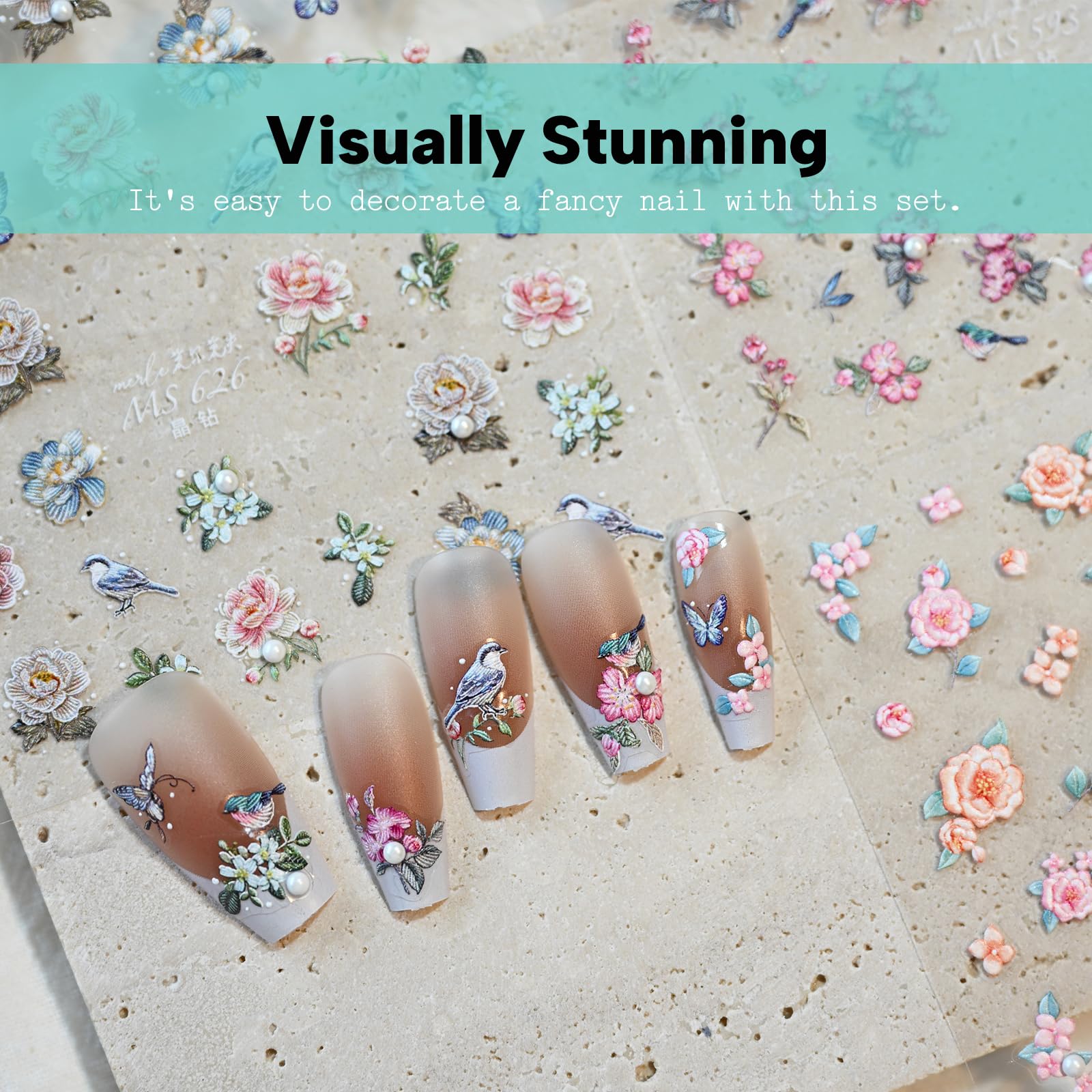 Vintage Rose Bird Nail Art Stickers with Pearl Rhinestones - Self-Adhesive Embossed Nail Decals for Women (3 Sheets) | Perfect for DIY Manicures, Bridal Nails, and Special Occasion Nail Designs