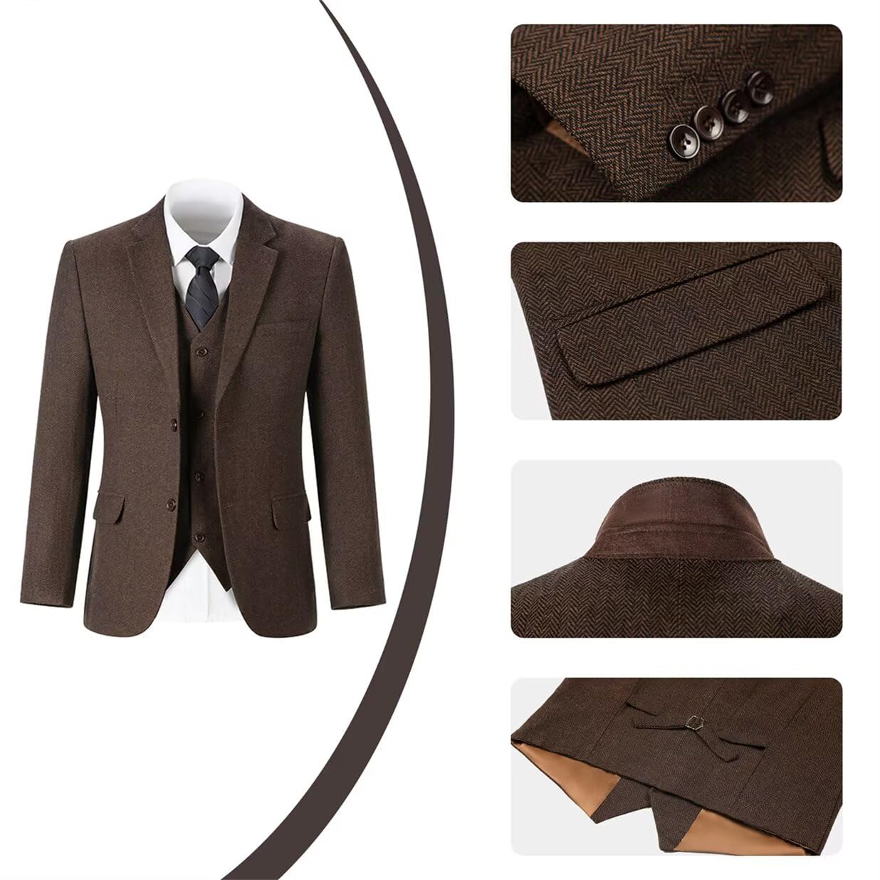 Vintage 3-Piece Tweed Herringbone Slim Fit Suit Set for Men - Brown Formal Blazer, Vest & Pants - Groomsmen, Prom, Wedding & Business Attire