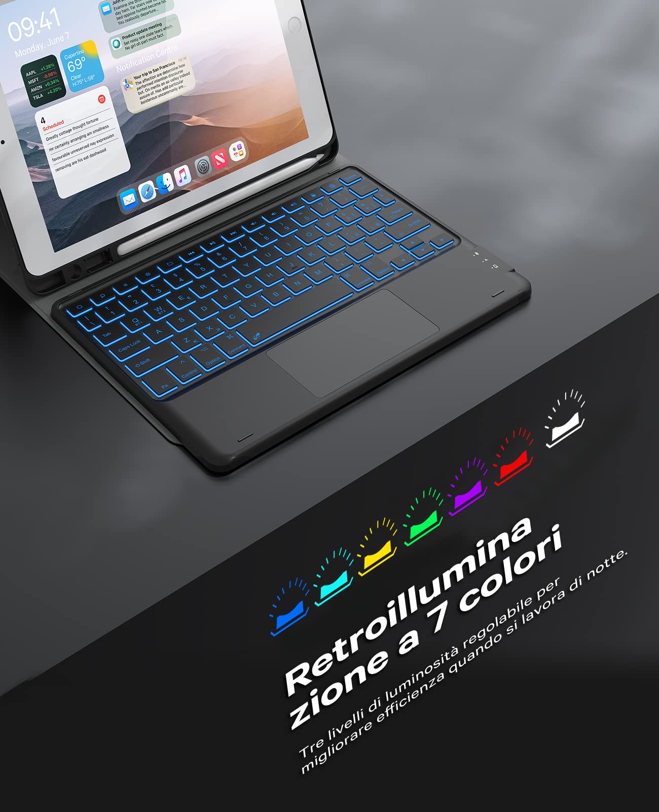 Earto Bluetooth Keyboard for iPad 9th/8th/7th Generation 10.2 Inch & iPad Pro Air 3/10.5 - Backlit Touchpad Keyboard with 7 Colors & Dual BT Channels (Black) - Perfect for Work, Study, and Travel