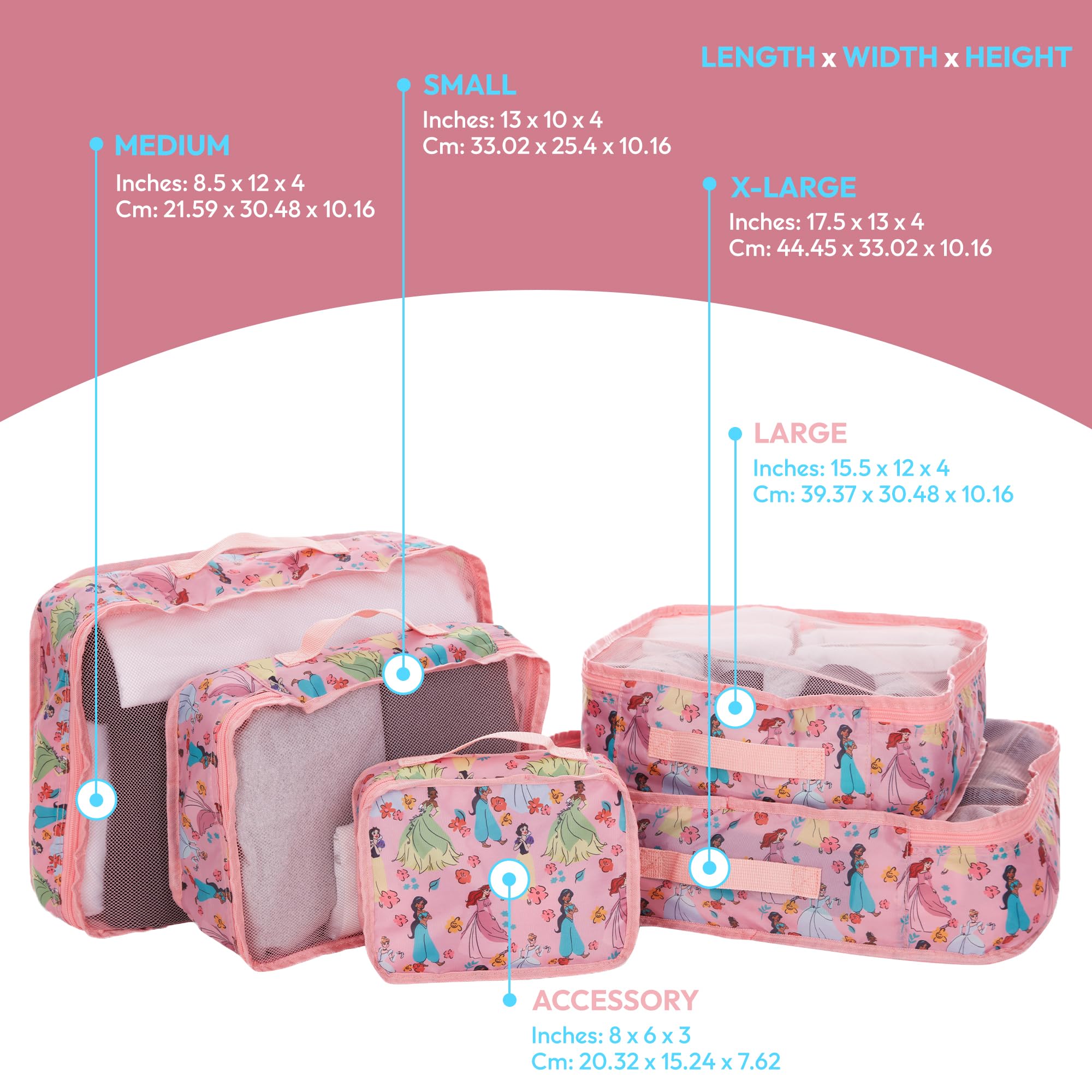 Disney Minnie Mickey Stitch & Winnie the Pooh Princess Cinderella 5-Piece Packing Cubes Set - Compression Travel Organizer for Luggage & Suitcases - Essential Travel Accessories for Kids & Adults - Perfect for Vacations, Business Trips & Weekend Getaways