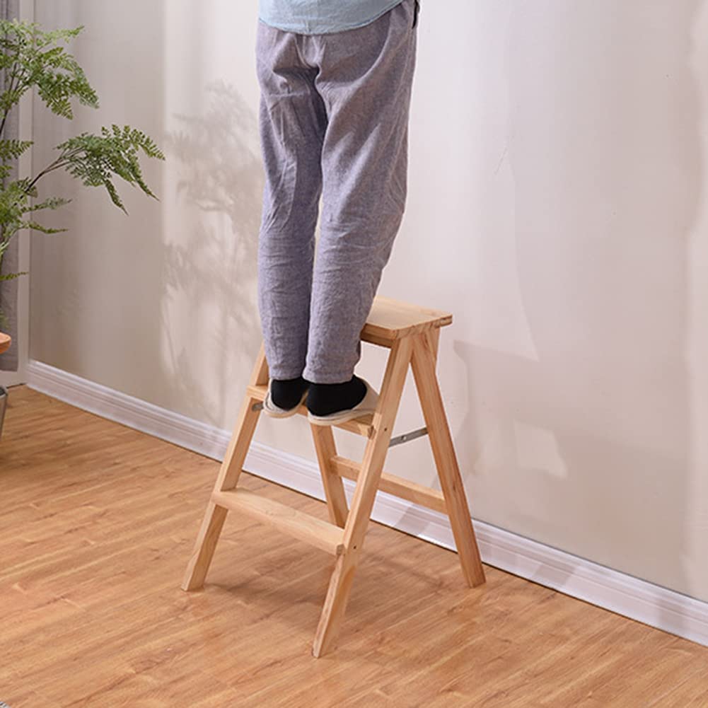 CHEMYO 3-Step Folding Wooden Stool for Adults & Seniors - Portable Step Stool Ladder for Kitchen, Bedroom, Bathroom - Easy to Carry & Store - Perfect for Reaching High Shelves, Changing Light Bulbs, and Home Organization