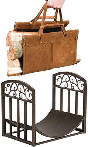 Panacea Firewood Log Bin with Scrolls & Leather Log Tote - Rustic Wood Storage for Fireplace, Camping & Outdoor Decor
