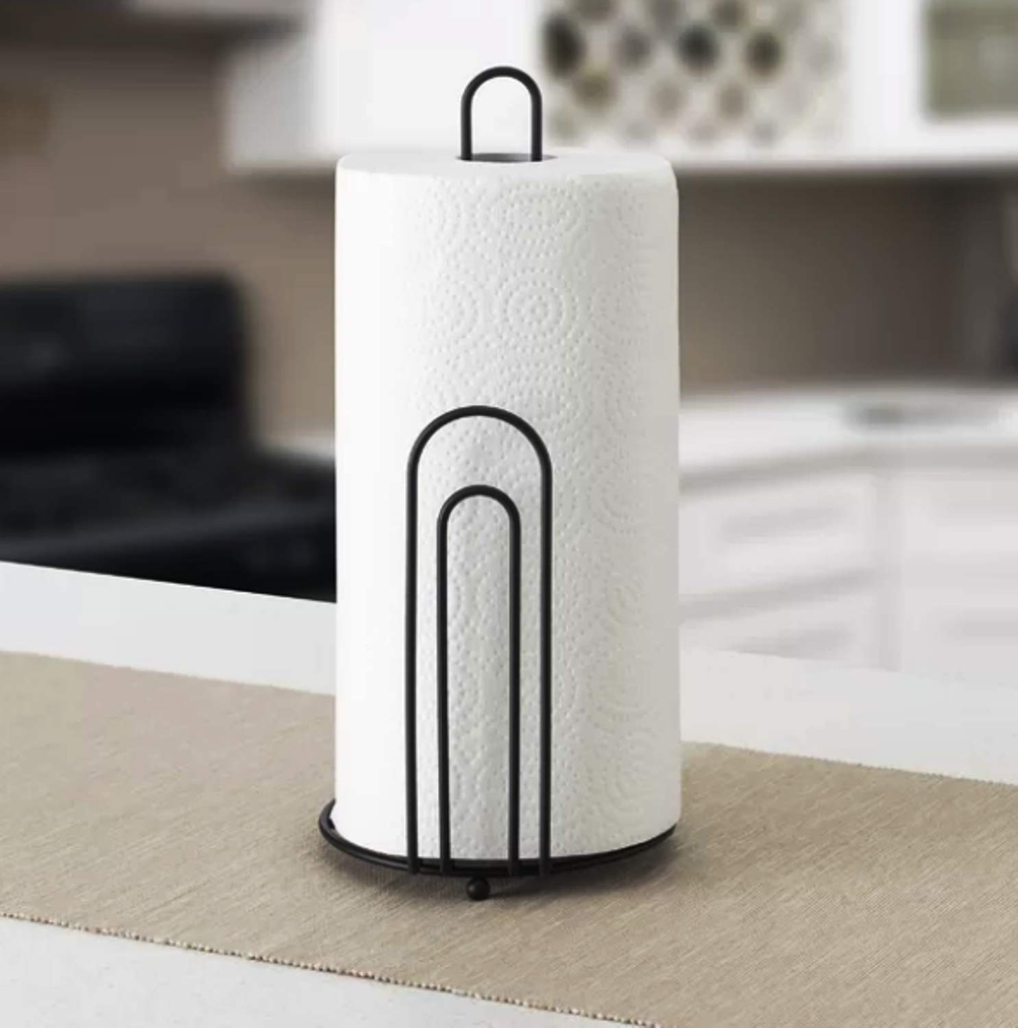 Premium Wrought Iron Kitchen Paper Towel Holder - Stand Up Napkin Roll Dispenser with Contemporary Design for Countertop or Wall Mount (Black) | Perfect for Kitchen, Dining Room, or Restaurant Use