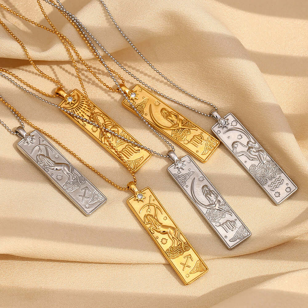 Zodiac Sign Pendant Necklace for Women - 14K Gold Plated Rectangular Charm Necklace | Perfect for Birthday Gifts, Anniversary & Daily Wear | JN3474