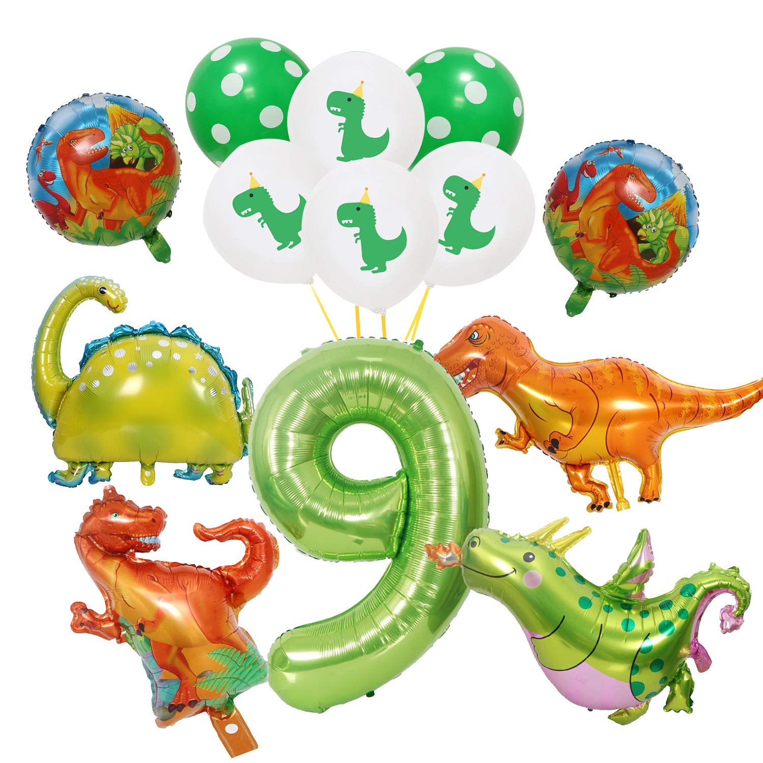 Dinosaur Balloons for Party Decorations - Dino Themed Aluminum Mylar Helium Balloons for Birthday, Wedding, Graduation & Baby Shower - Jungle Theme Party Supplies (Pack of 9) - Perfect for Dinosaur Birthday Parties, Jurassic Decorations & Prehistoric Celebrations