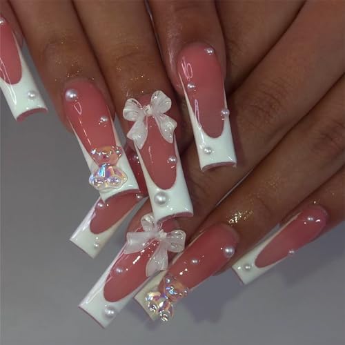 MUZOXEN 24pcs Acrylic False Nails with French Tip Design - Coffin Shape Fake Nails with Bow Bear Rhinestones, Pink & White Gentle Style, Includes Nail Glue for Women | Perfect for Parties, Weddings, and Special Occasions