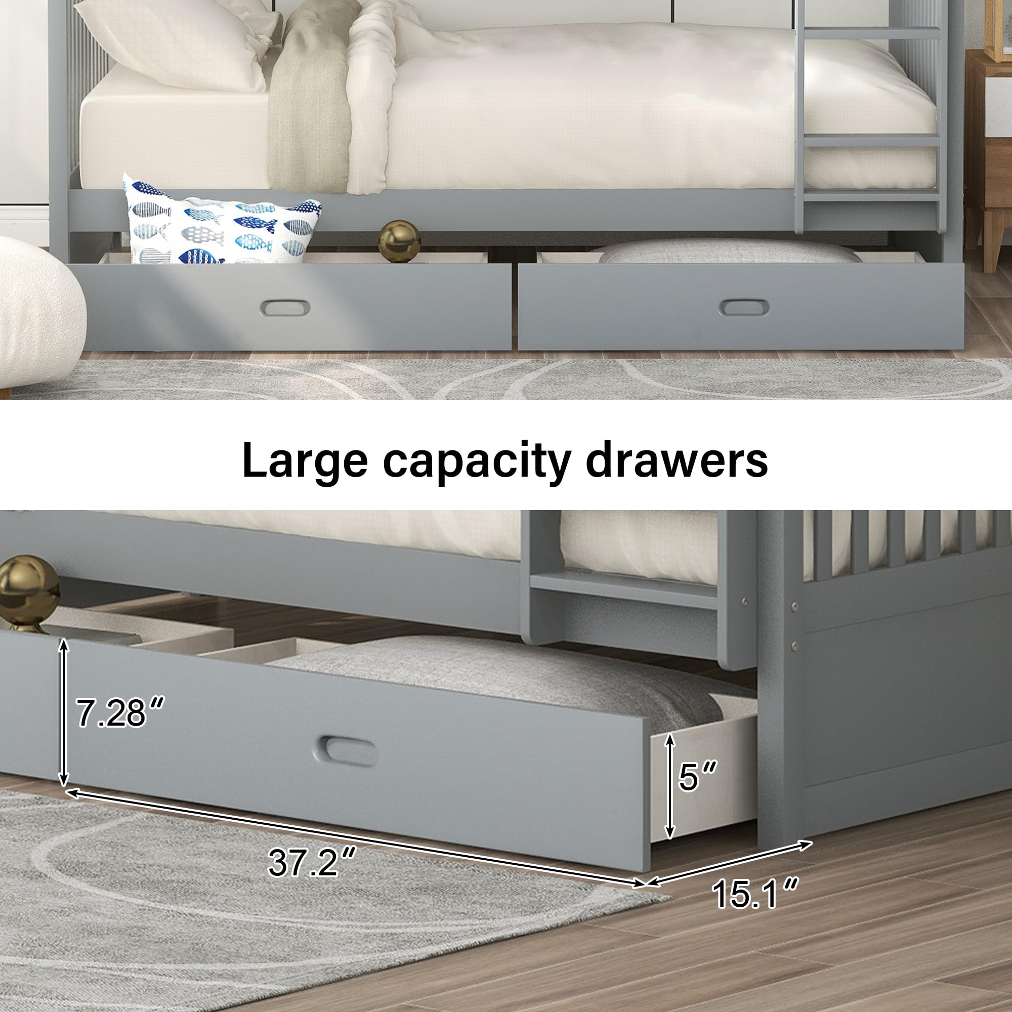 Merax Solid Wood Twin Over Twin Bunk Bed with Ladders & 2 Storage Drawers - Convertible Detachable Frame, Grey | Space-Saving Kids Bedroom Furniture for Shared Rooms & Sleepovers
