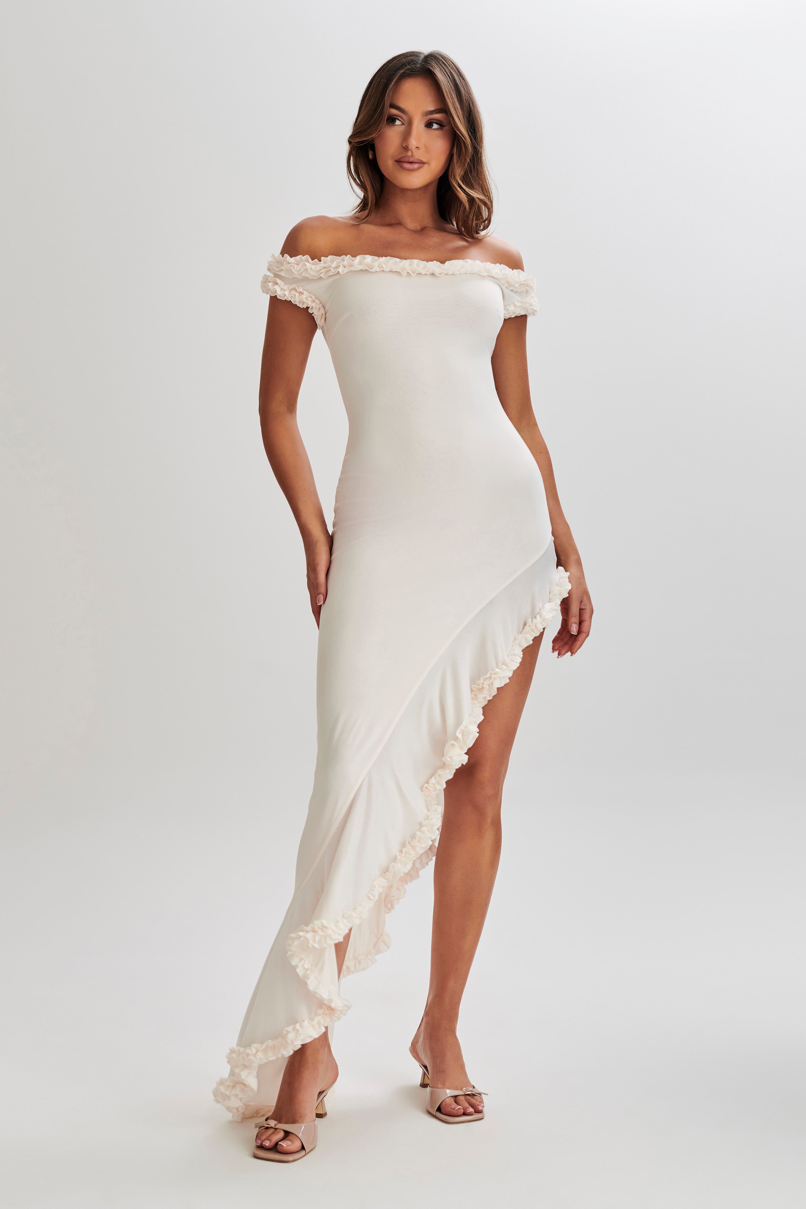 Arielle Off Shoulder Ruffle Midi Dress - Ivory Flowy Summer Dress for Women | Perfect for Beach Vacation, Date Night & Special Occasions
