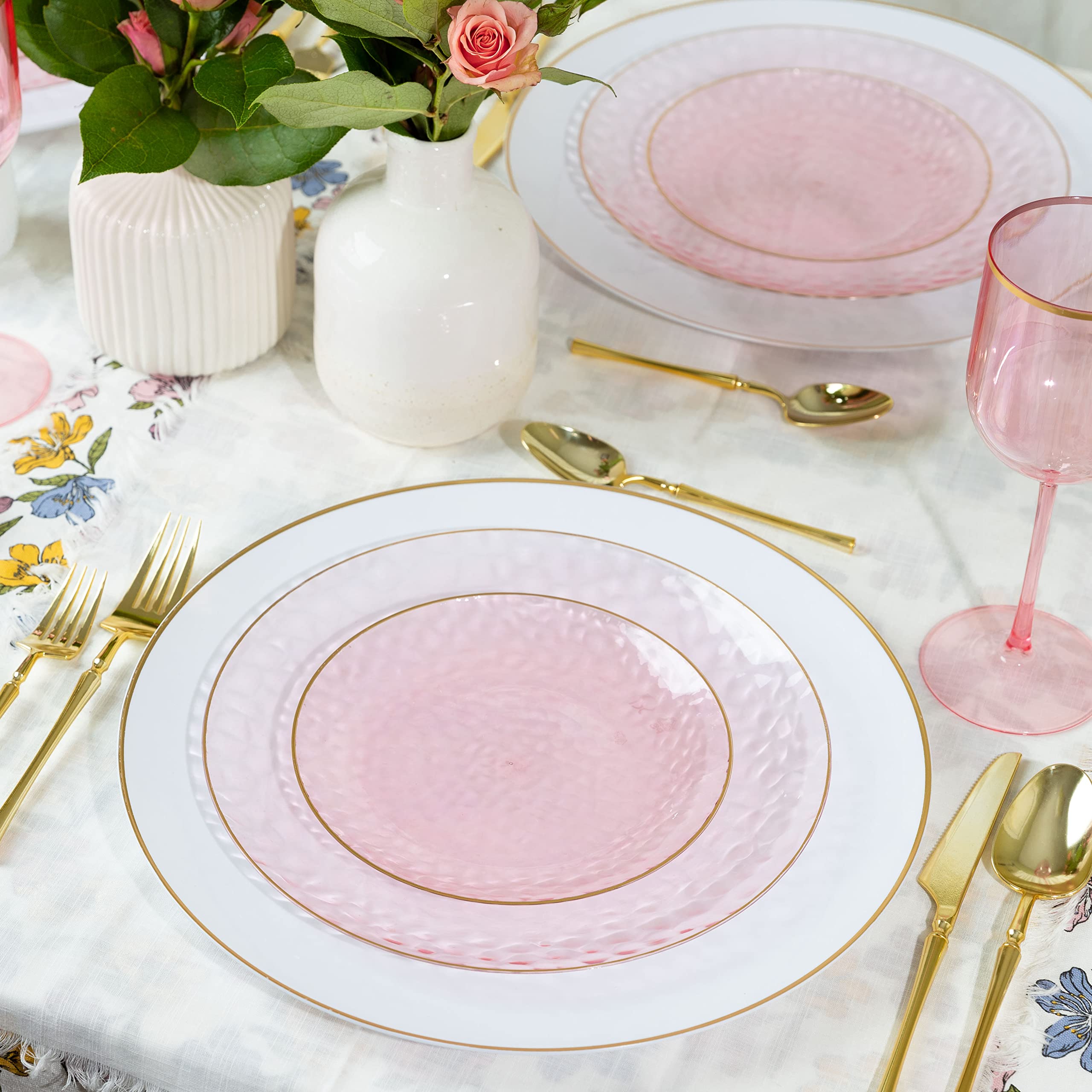 PLASTICPRO 32-Piece Plastic Dinnerware Set - 16 x 7-Inch & 16 x 10-Inch Pink Hammered Plates - Heavyweight Disposable Party Plates for Weddings, BBQs, Picnics & Family Gatherings
