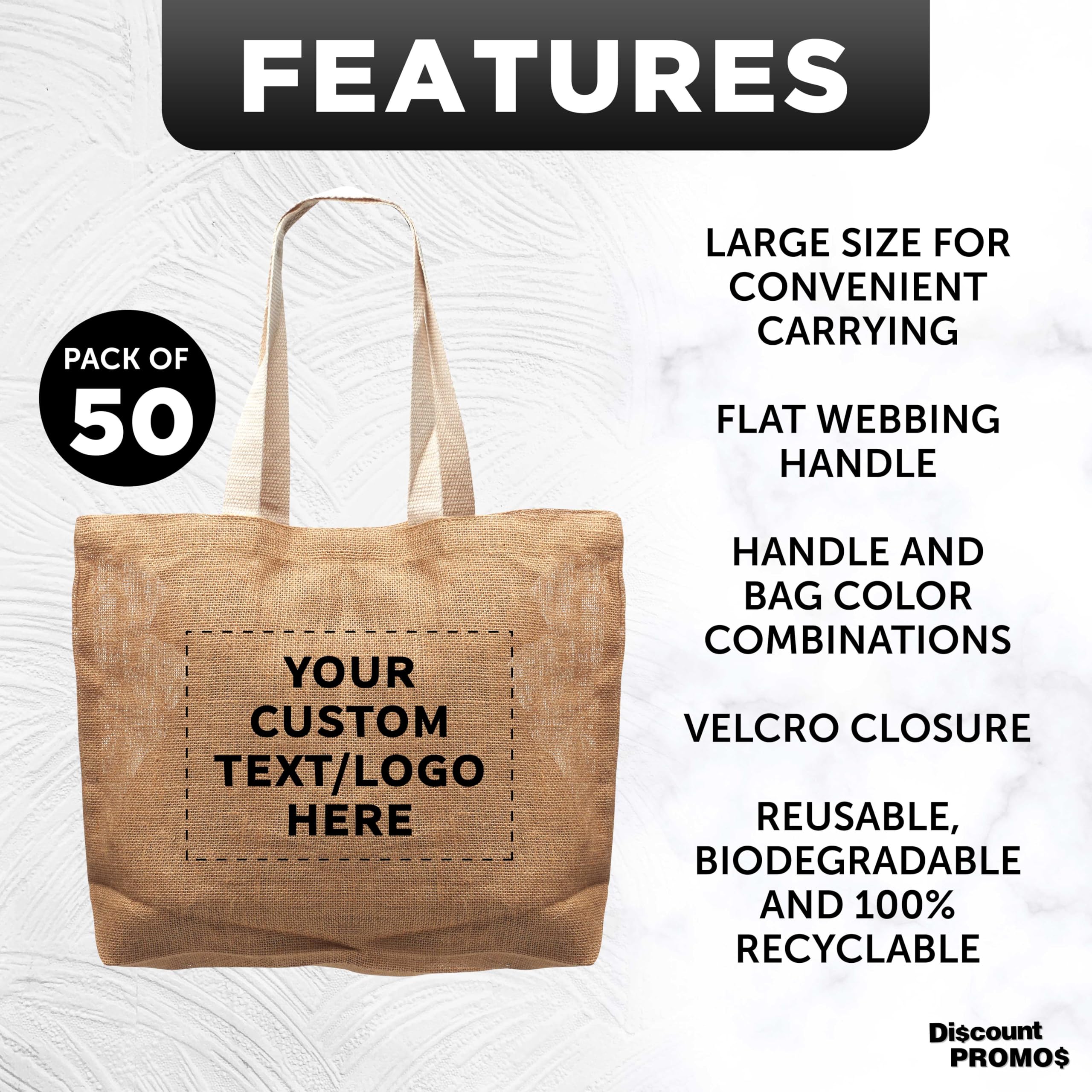 50 Pack Natural Jute Fiber Tote Bags with Custom Text & Logo - Eco-Friendly Reusable Grocery Bags with Sturdy Webbing Handles for Shopping, Beach, Farmers Market & Everyday Use